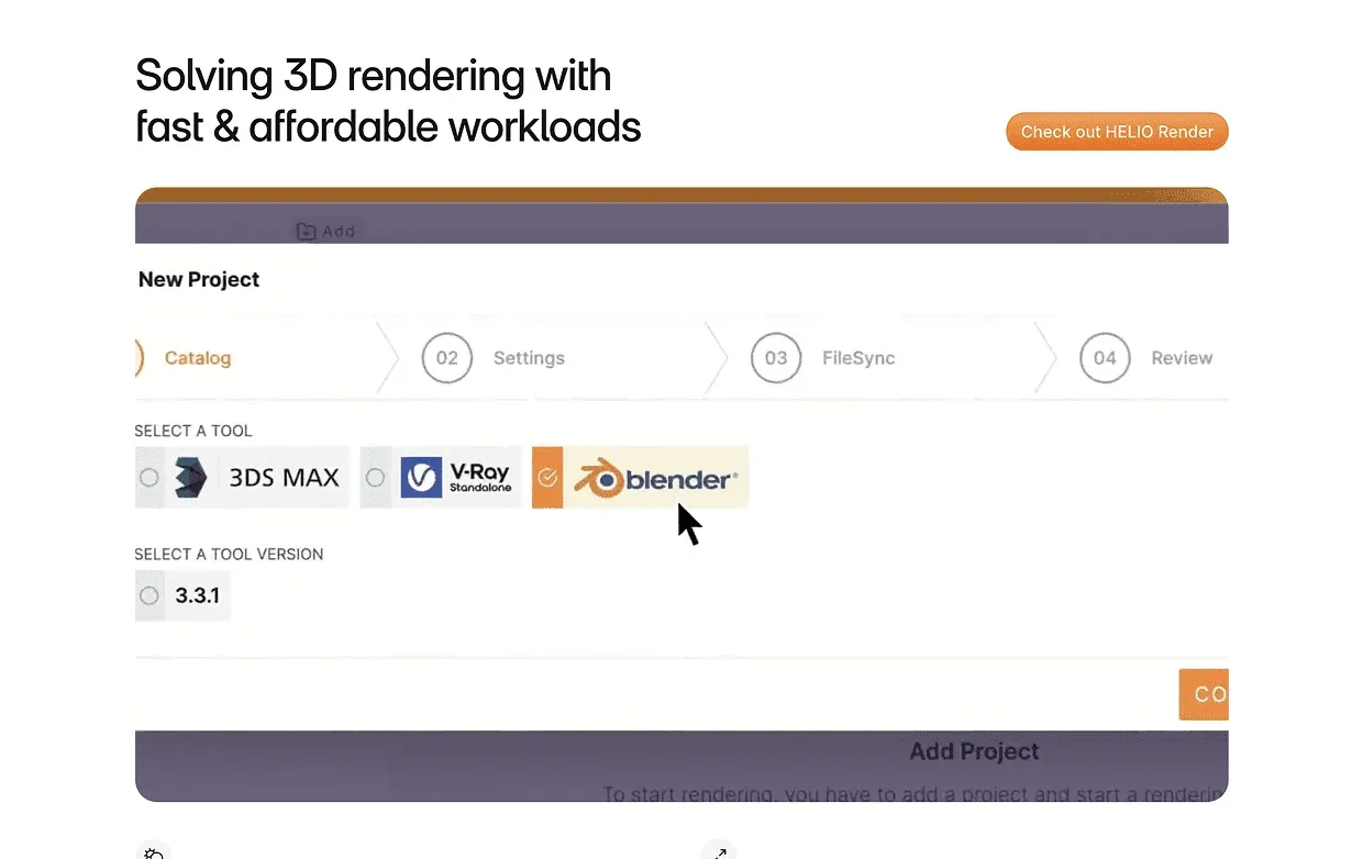 Helio Cloud section "Solving 3D rendering with fast & affordable workloads", showing the project setup with 3DS Max, V-Ray and Blender