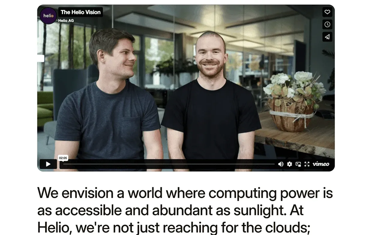 Helio Cloud "The Helio Vision" video with two people, above the vision statement