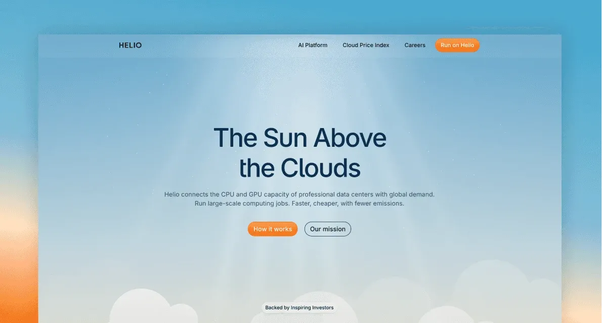 Helio Cloud website homepage with "The sun above the clouds" as central text. It has two buttons labeled "How it works" and "Our mission" and logos of supporting investors.