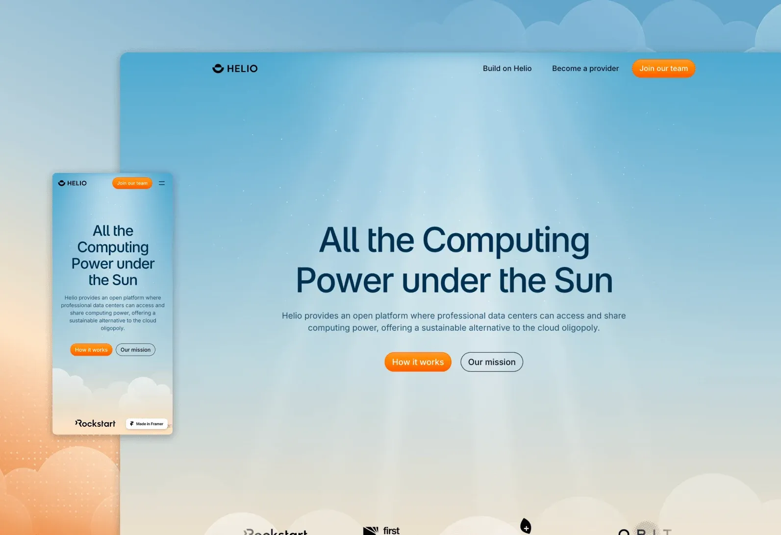 Desktop and mobile mockup of the Helio homepage with a bright blue sky and sunburst background, headline "All the Computing Power under the Sun", a description of an open platform for data centers to share computing power, and "How it works" and "Our mission" buttons, with Rockstart and other partner logos below.