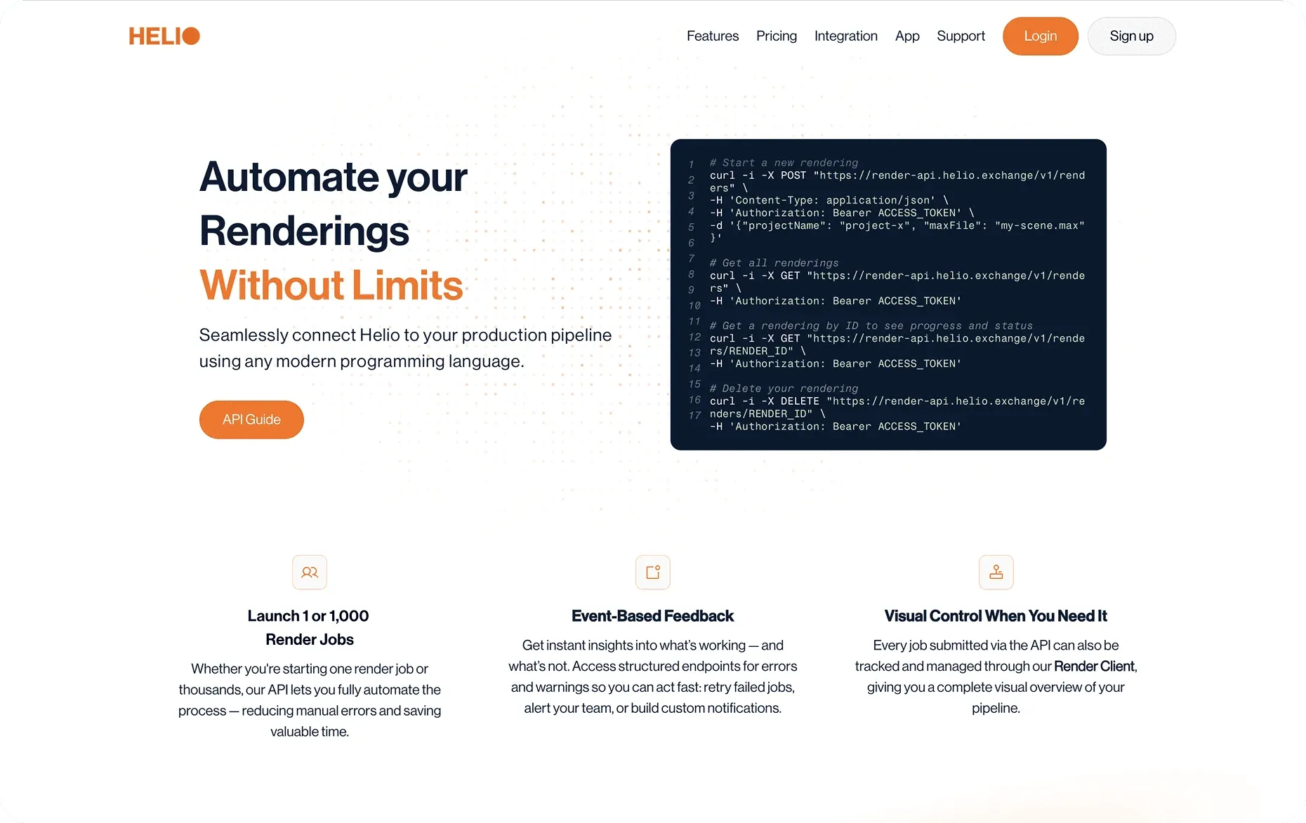 Helio Render API page, "Automate your Renderings Without Limits", with a code sample