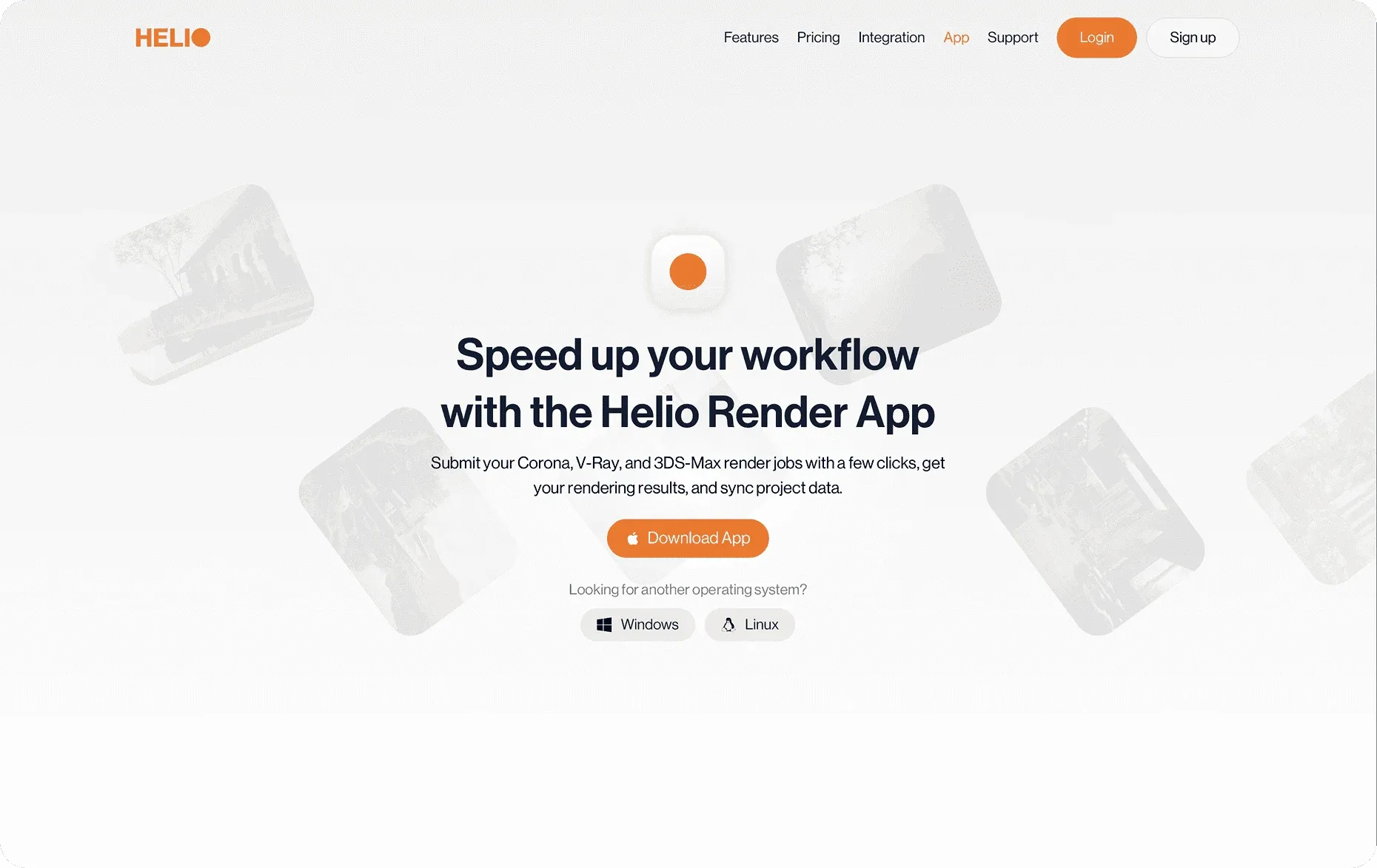 Helio Render app download page, "Speed up your workflow with the Helio Render App"