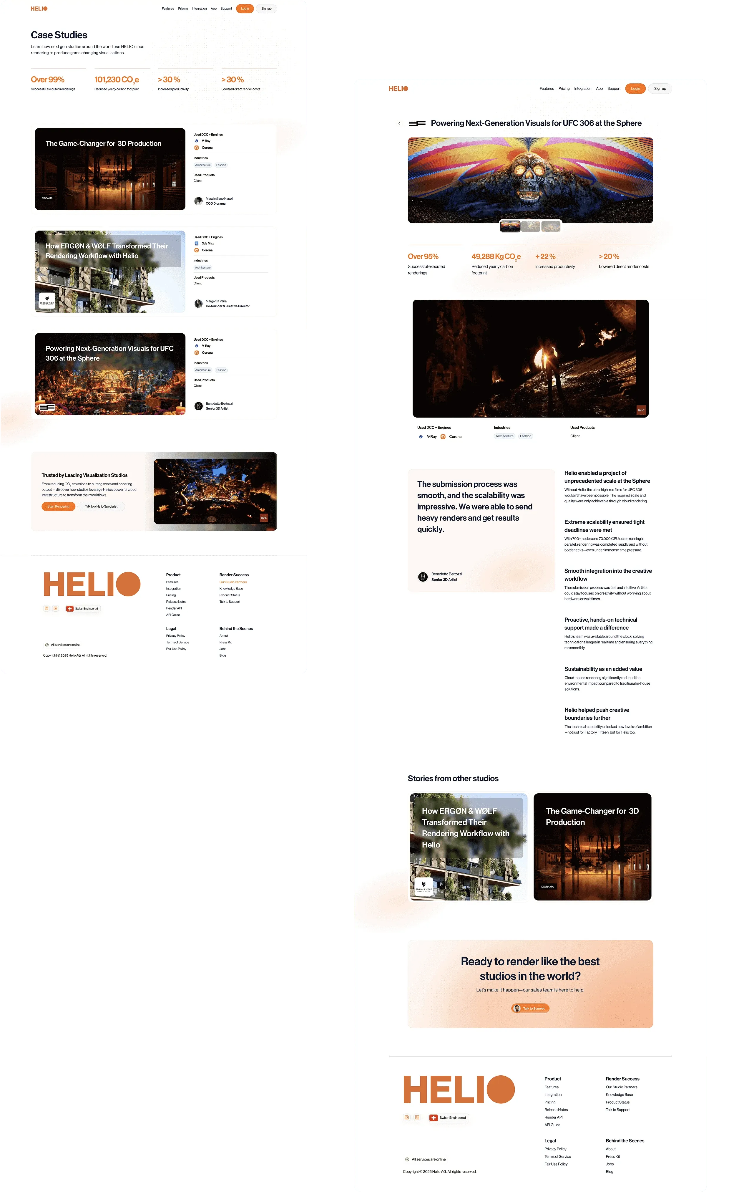 Helio Render case study pages: a case study list and a case study article