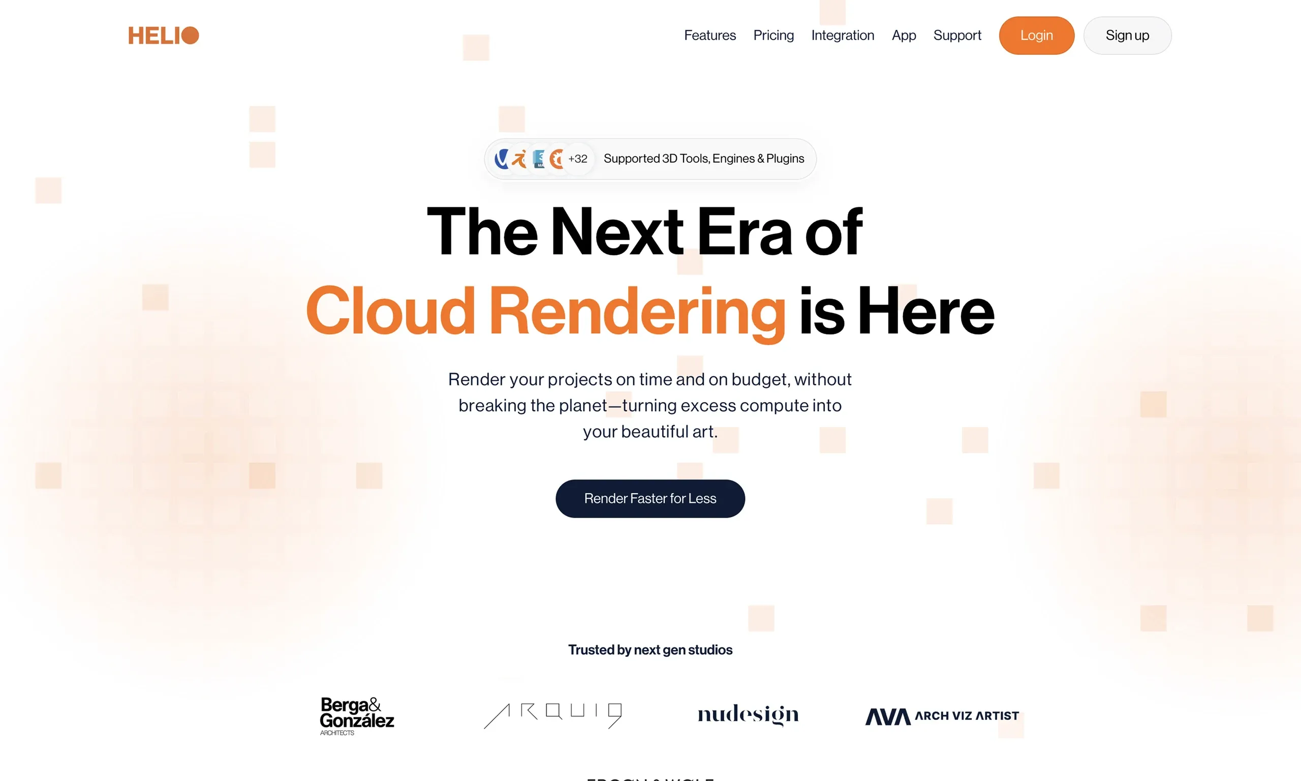 Helio Render homepage hero, "The Next Era of Cloud Rendering is Here", with studio logos
