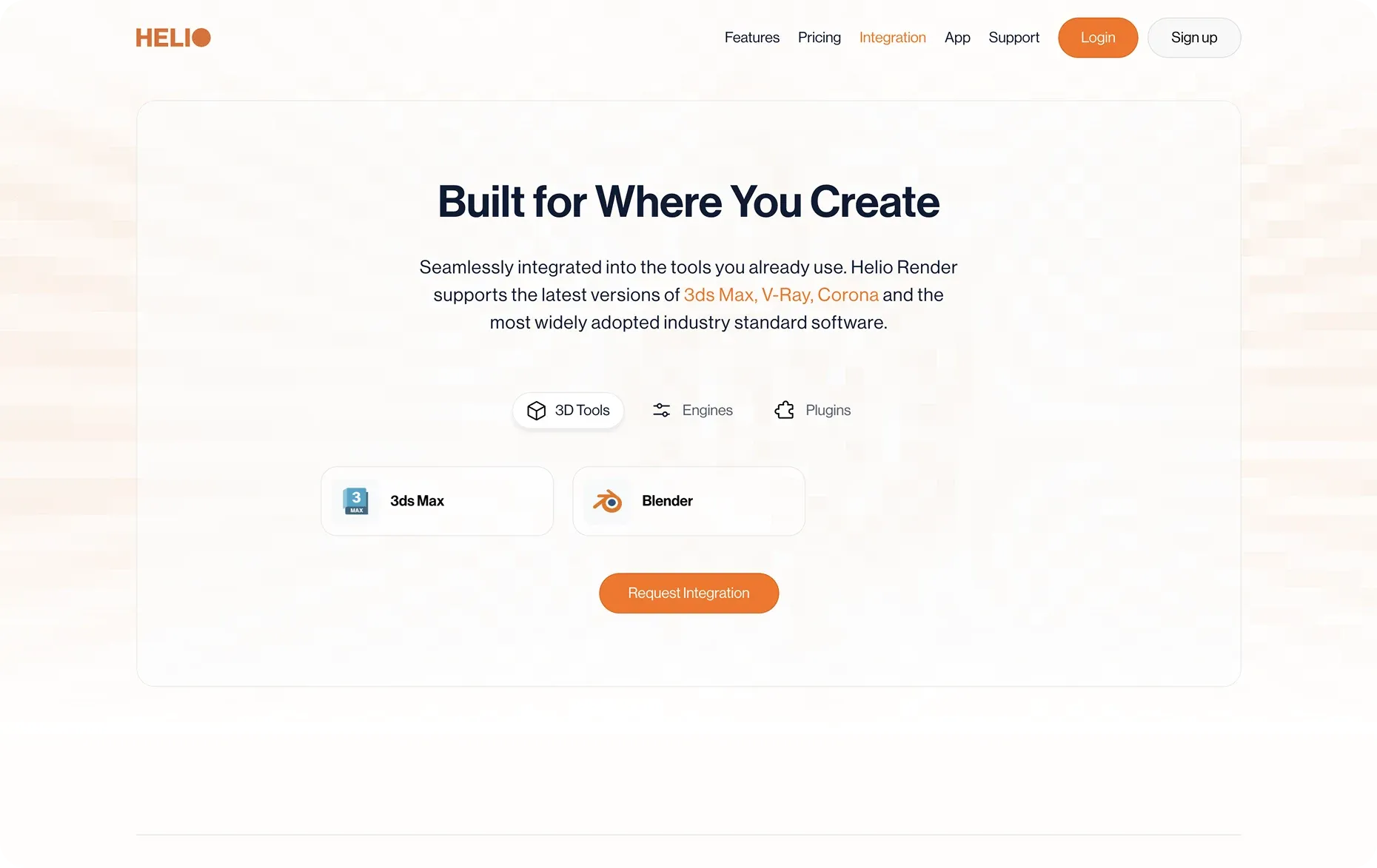 Helio Render integrations page, "Built for Where You Create"