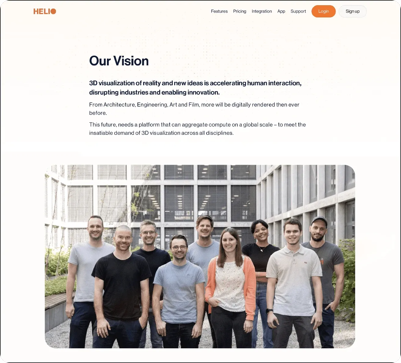 Helio Render "Our Vision" section with a photo of the Helio team