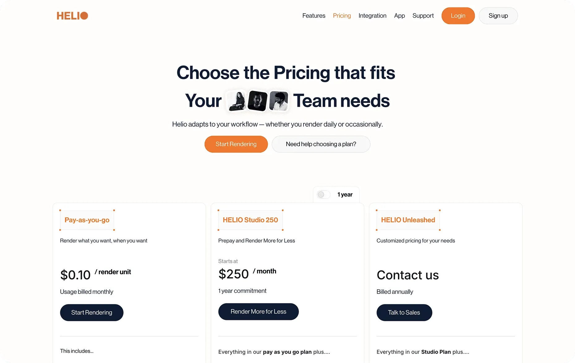 Helio Render pricing page with pay-as-you-go, Studio 250 and Unleashed plans