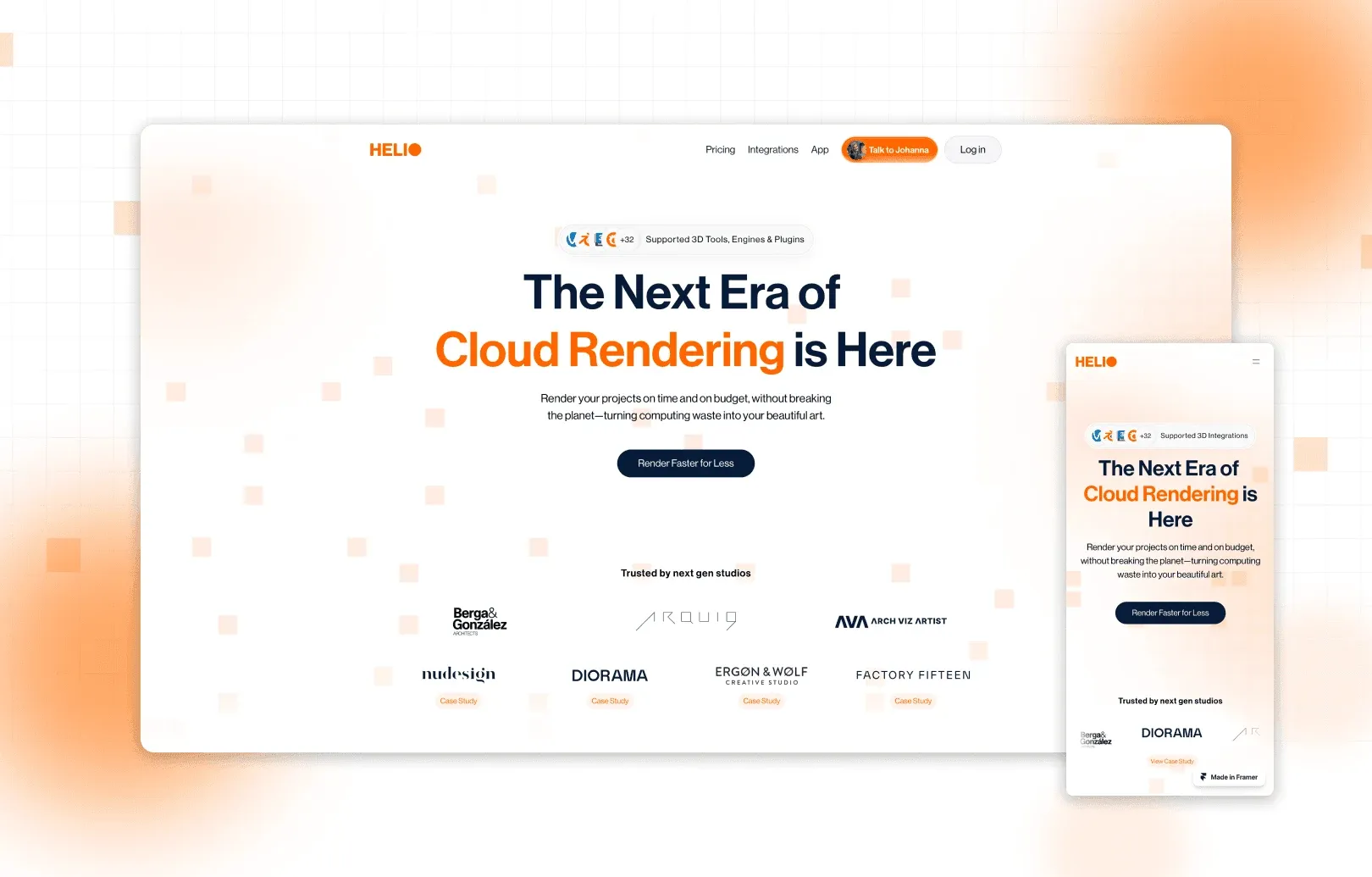 Desktop and mobile mockup of the Helio homepage on a white and orange geometric background, with a badge for supported 3D tools and engines, the headline "The Next Era of Cloud Rendering is Here", a "Render Faster for Less" button, and a row of client logos including Berga & González, Diorama, and Factory Fifteen.