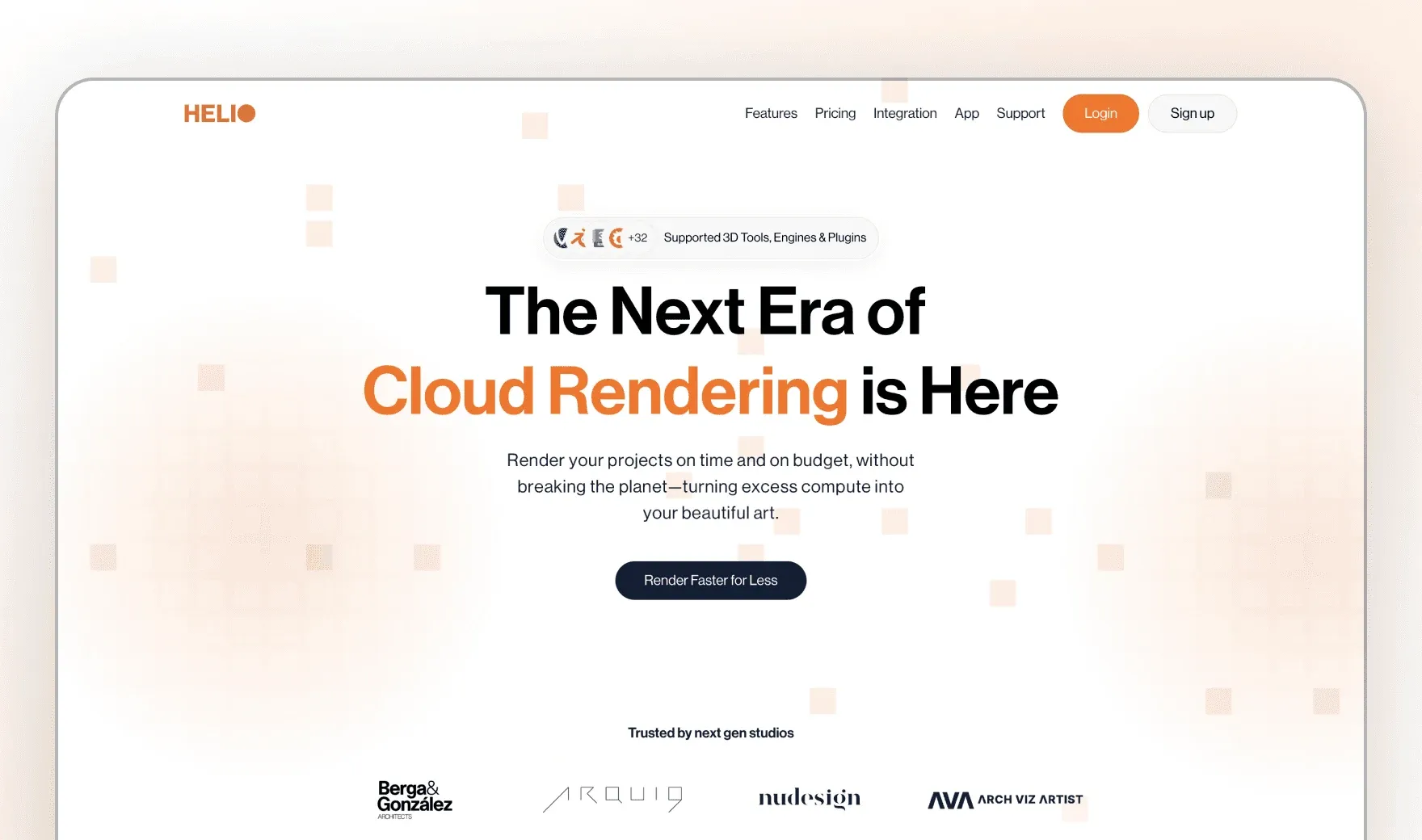 Helio Render website homepage showing tagline "The Next Era of Cloud Rendering is Here", a "Render Faster for Less" button, and client logos.