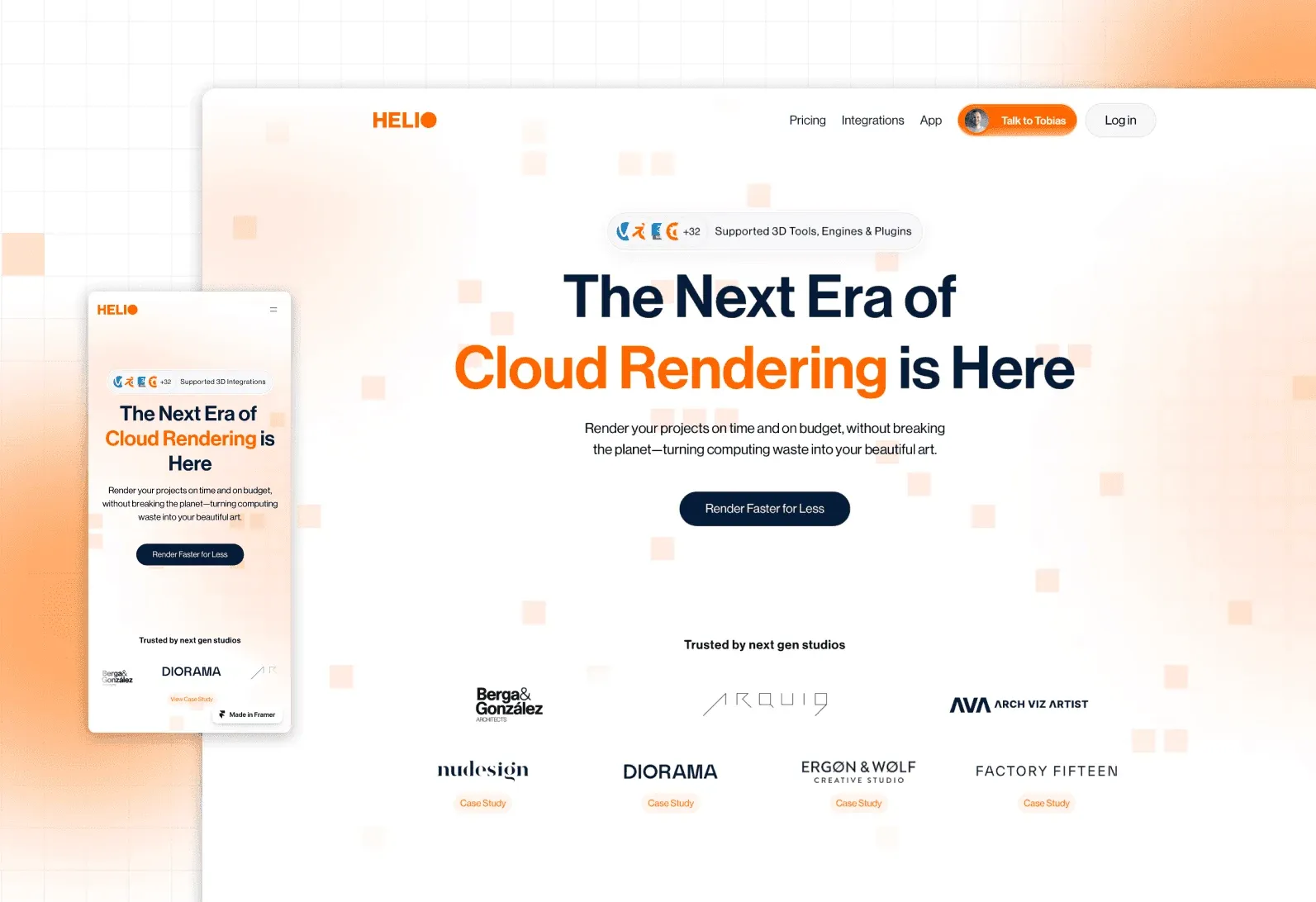 Desktop and mobile mockup of the Helio homepage on a white and orange geometric background, with a badge for supported 3D tools and engines, the headline "The Next Era of Cloud Rendering is Here", a "Render Faster for Less" button, and a row of client logos including Berga & González, Diorama, and Factory Fifteen.