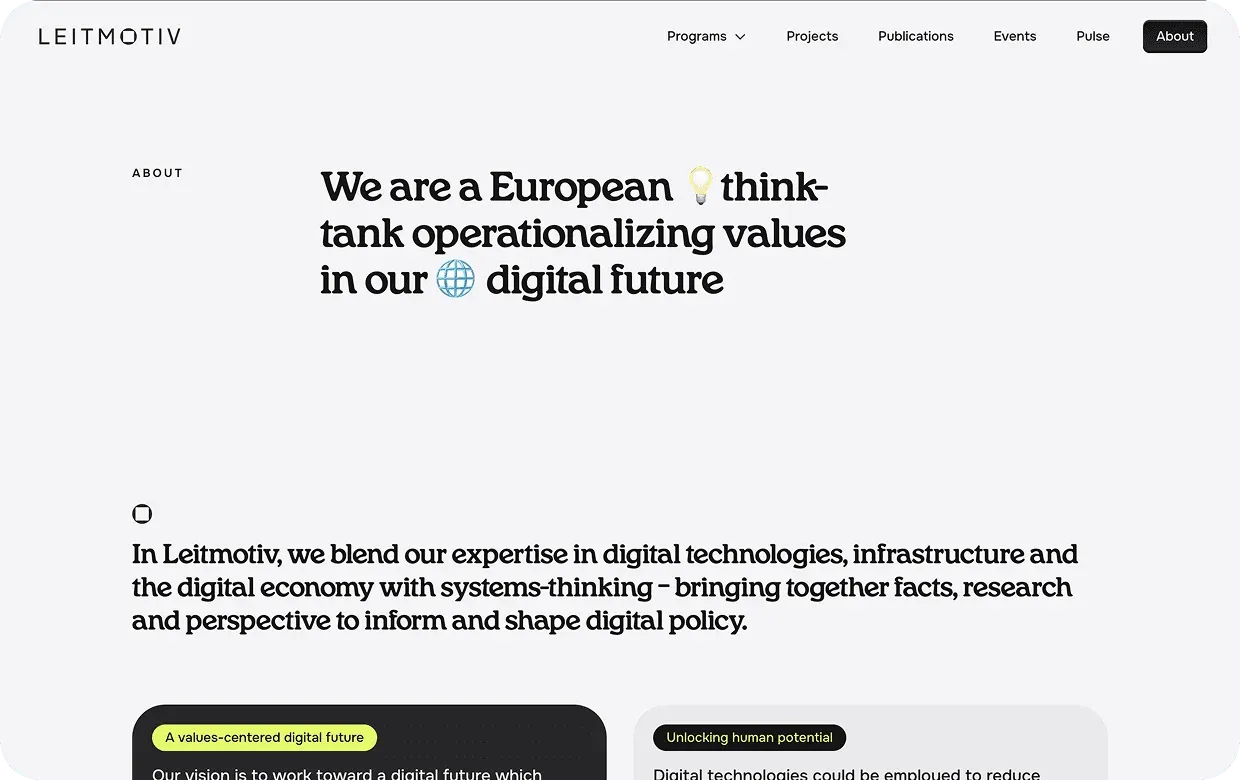 Leitmotiv About page: "We are a European think-tank operationalizing values in our digital future"