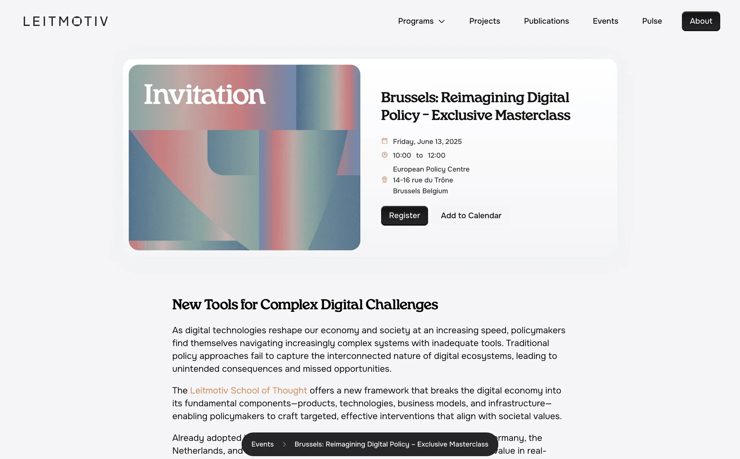 Leitmotiv event page for the masterclass "Brussels: Reimagining Digital Policy"