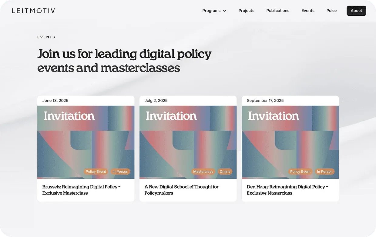 Leitmotiv events page with three masterclass invitations