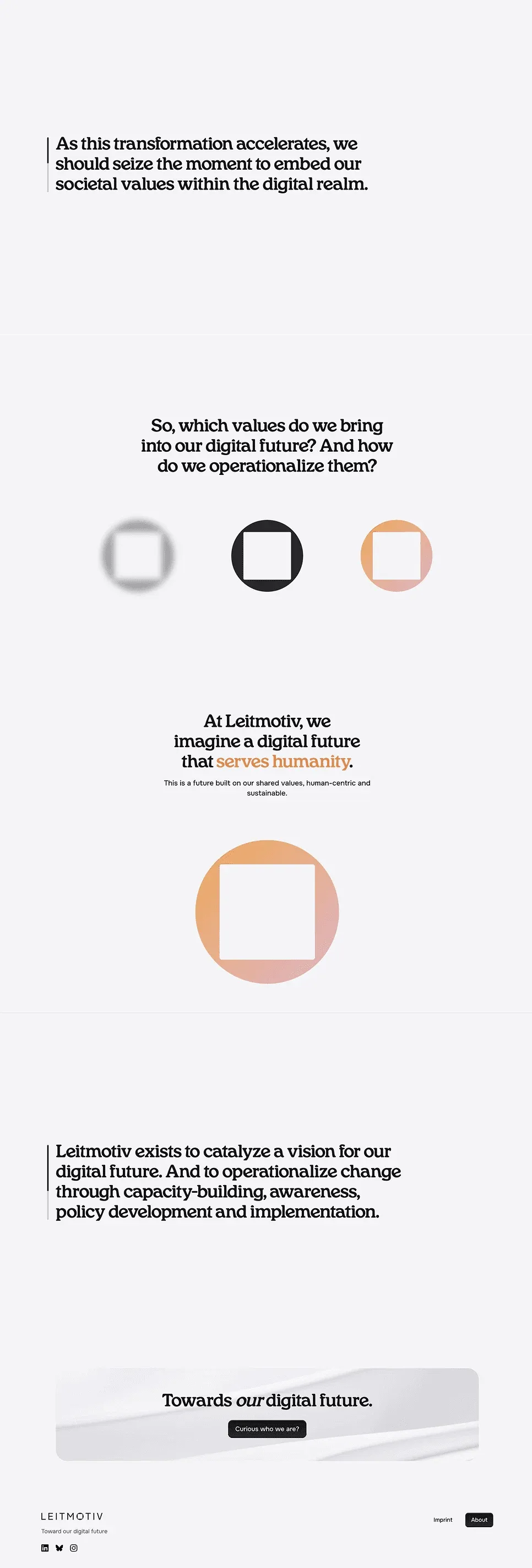 Leitmotiv homepage on mobile, a long scroll of statements, icons and a call to action