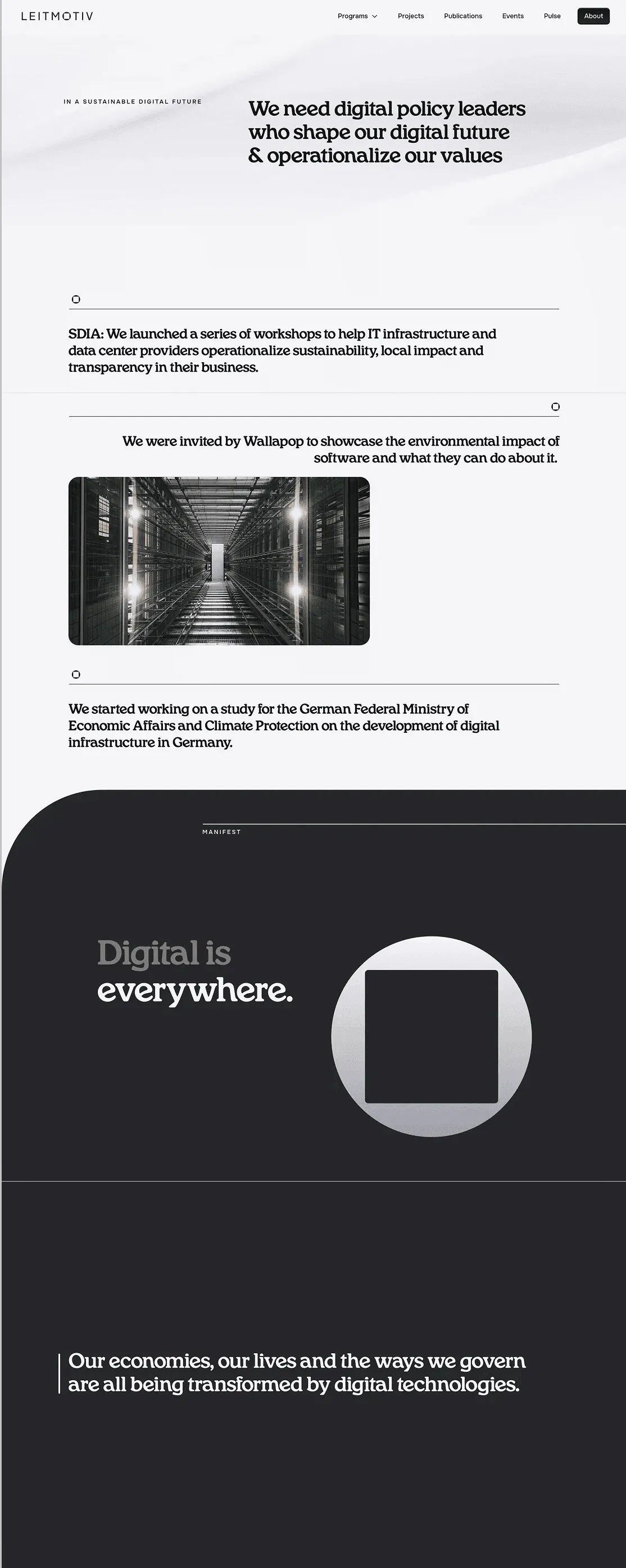 Leitmotiv homepage scroll with the hero, an image of a data center and the "Digital is everywhere" section