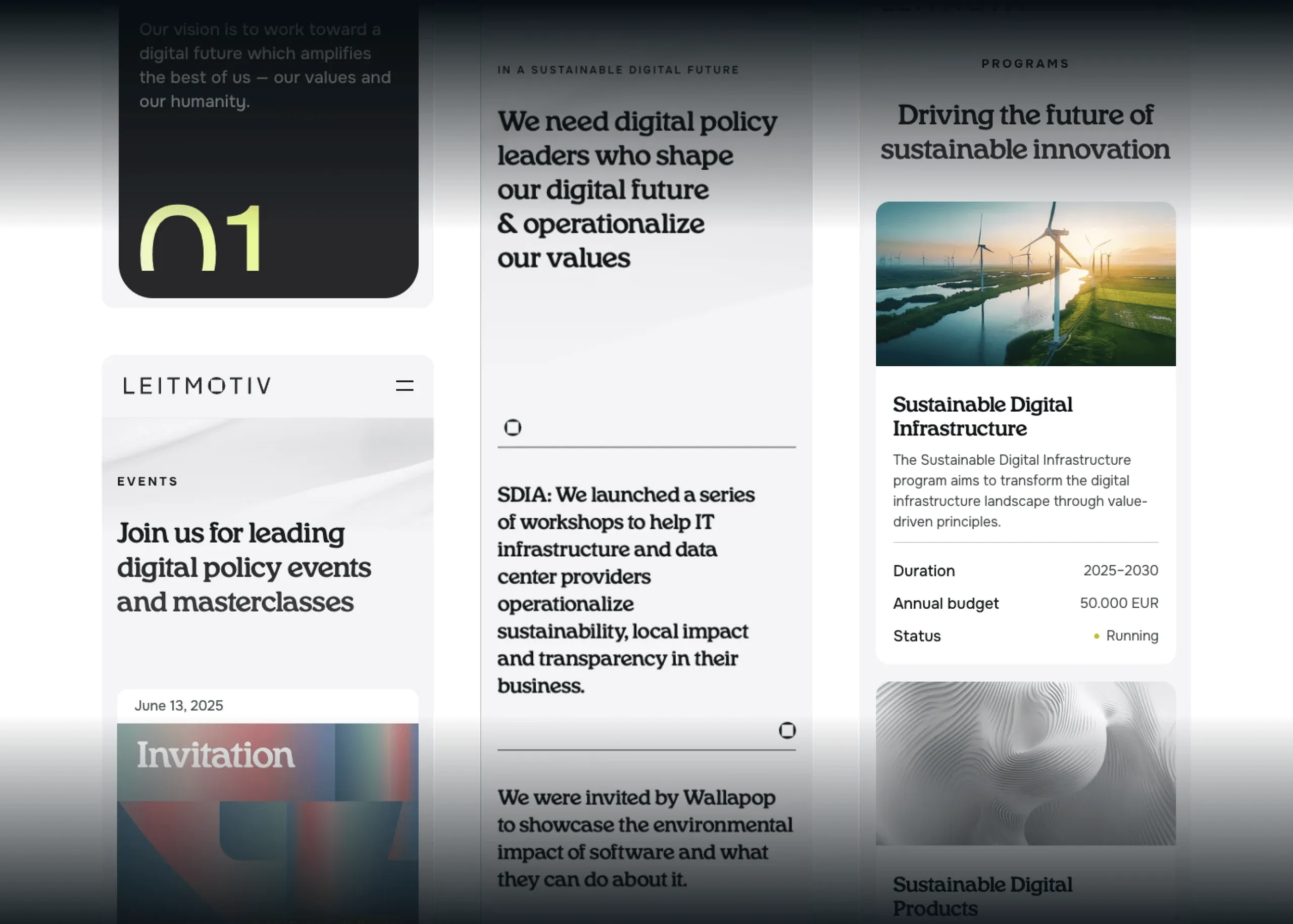 Leitmotiv mobile screens: the homepage, events and programs