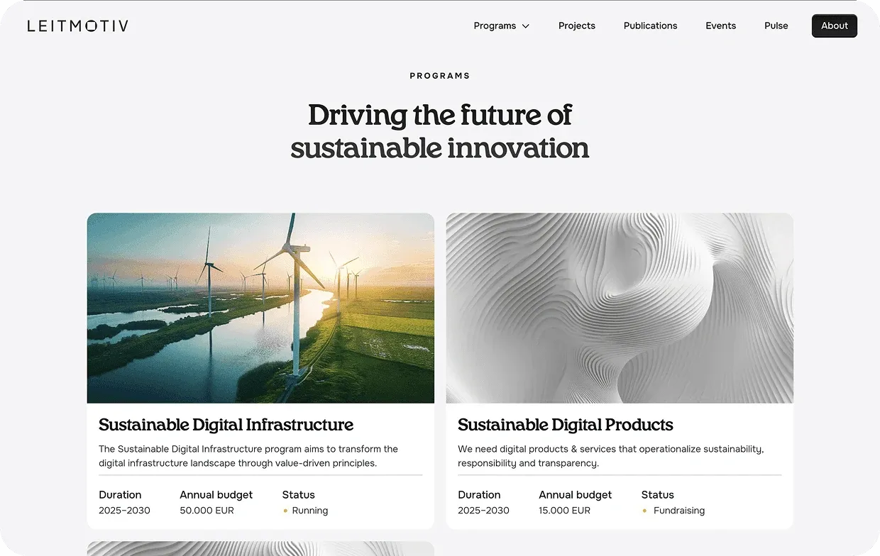 Leitmotiv programs page, "Driving the future of sustainable innovation", with two program cards