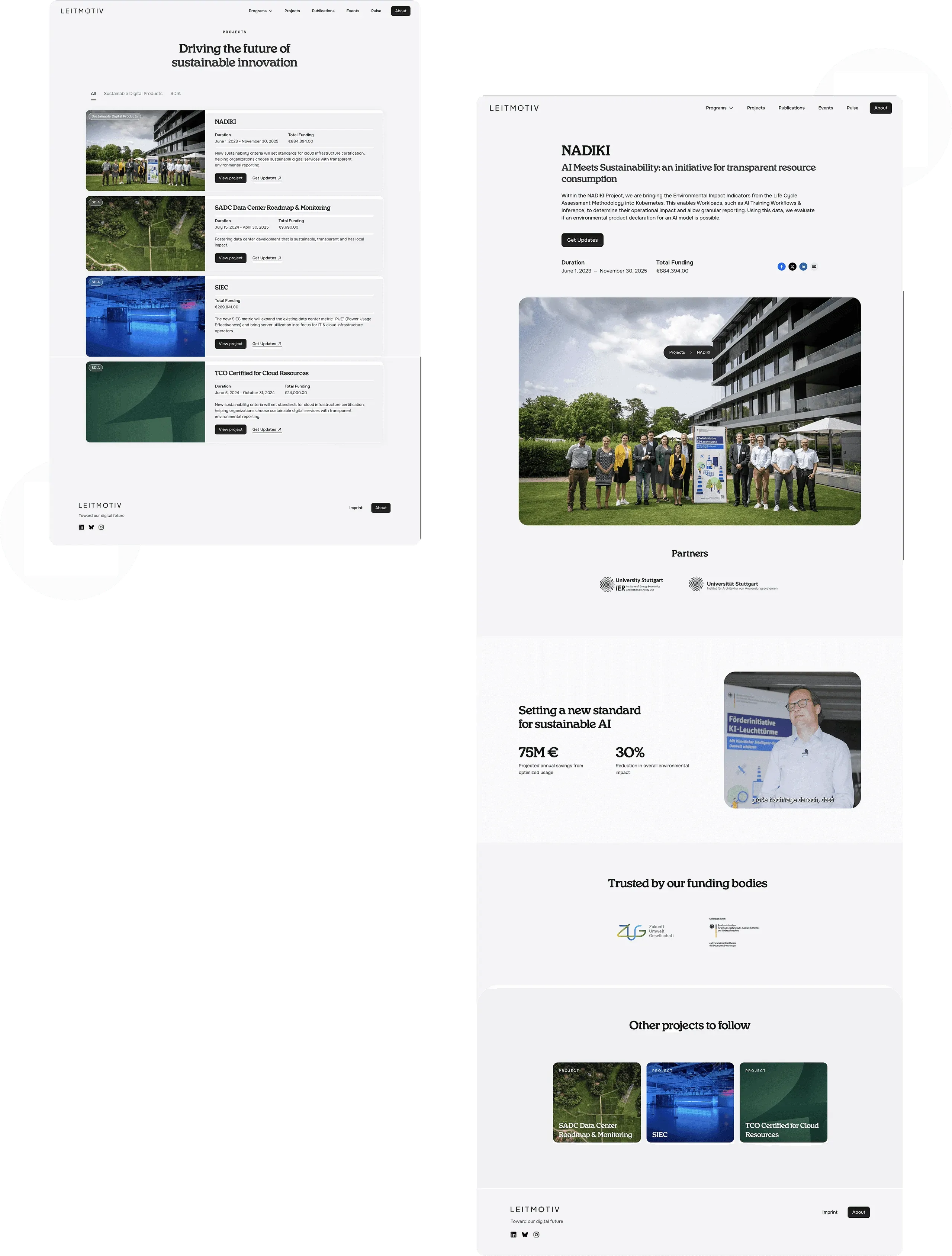 Leitmotiv project pages: the project list and the NADIKI project page with a team photo