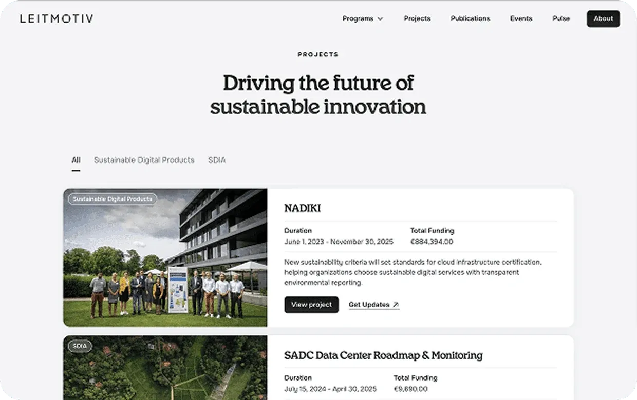 Leitmotiv projects page listing the NADIKI and SADC Data Center Roadmap projects