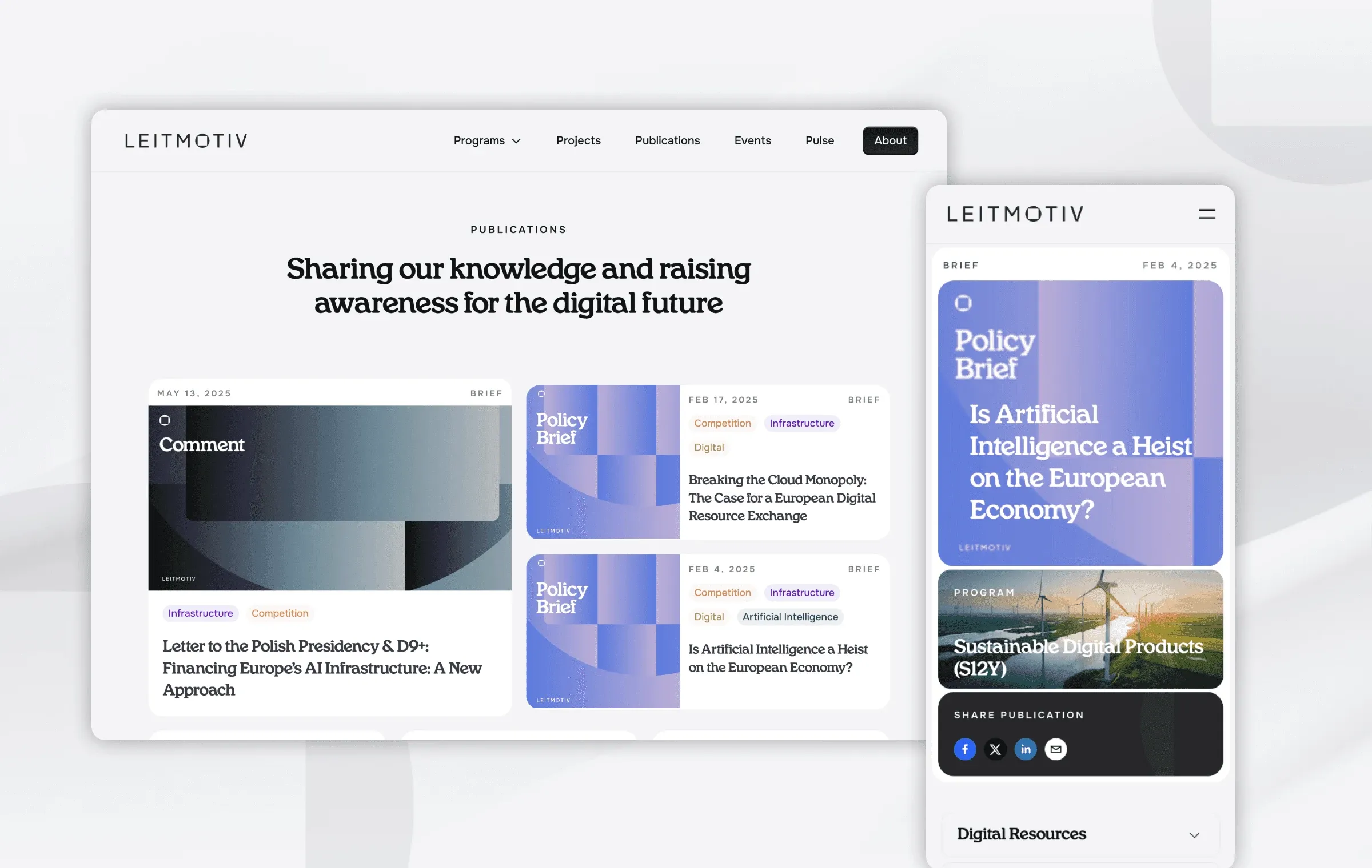 Leitmotiv publications page on desktop and a policy brief on mobile