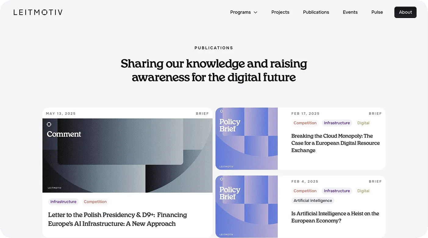 Leitmotiv publications page, "Sharing our knowledge and raising awareness for the digital future"