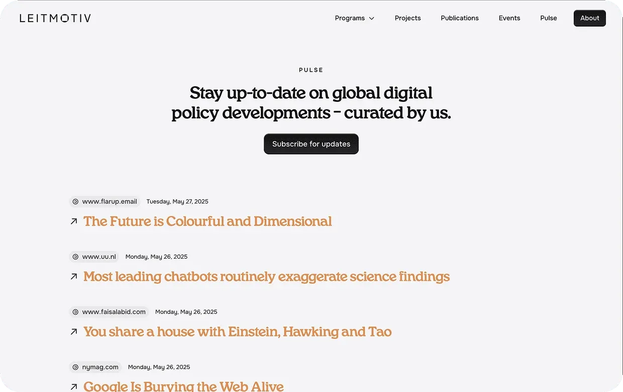 Leitmotiv Pulse page with curated links to digital policy news