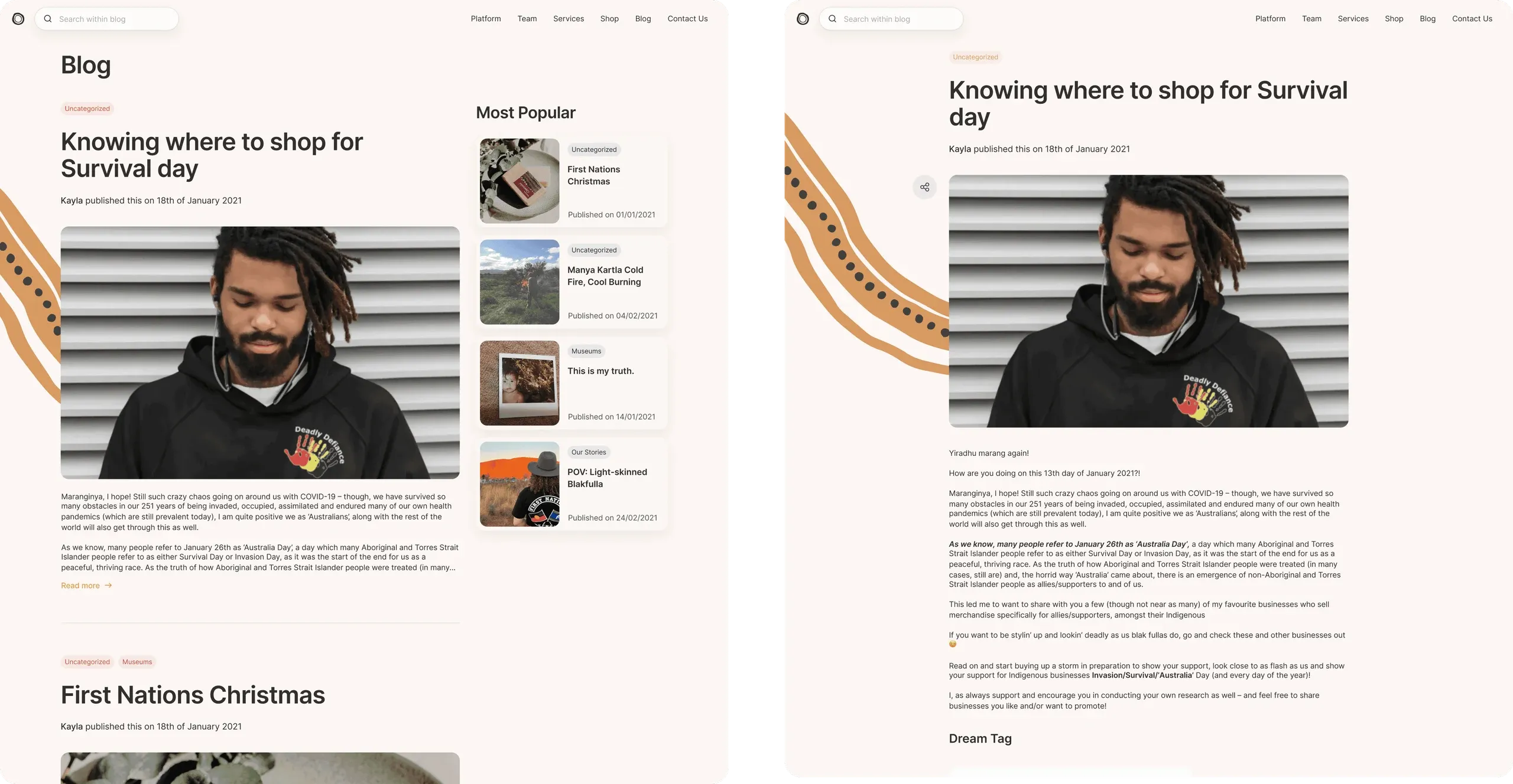 Our Songlines blog list and the article "Knowing where to shop for Survival day"