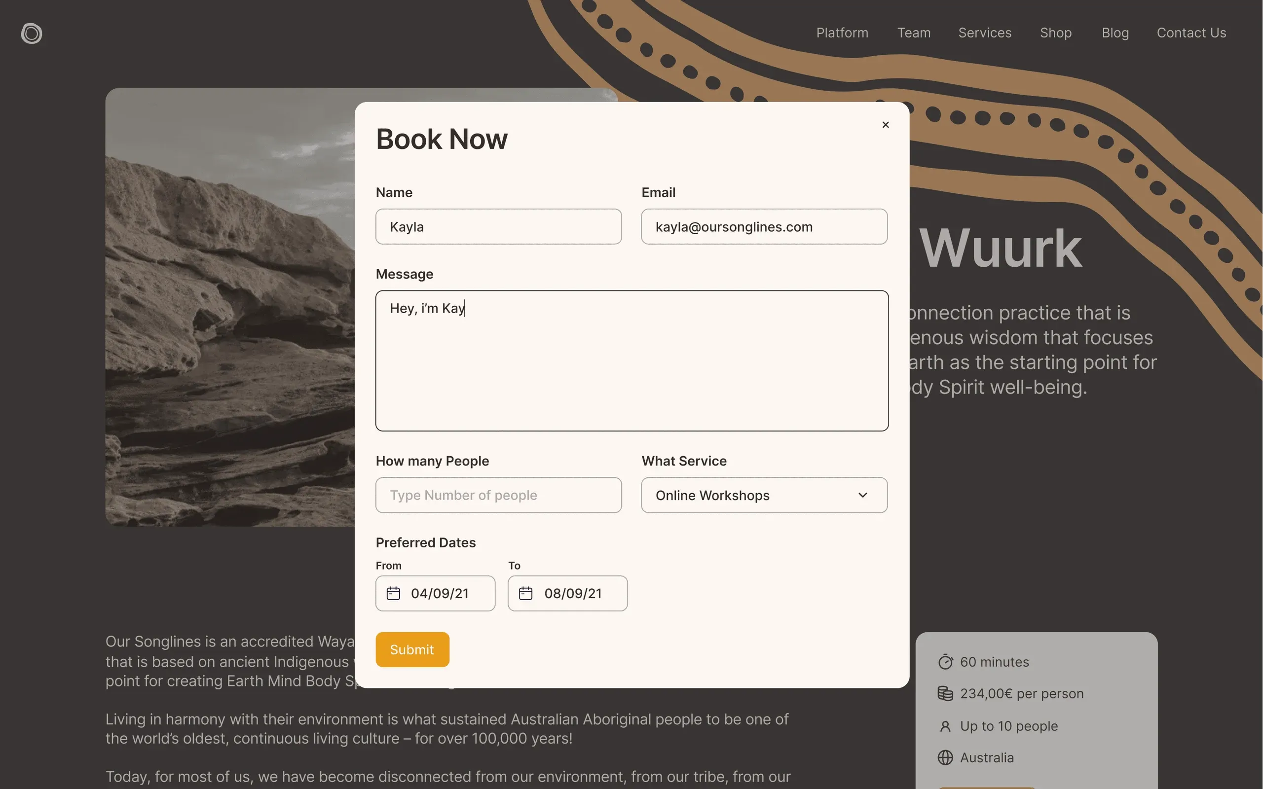 Our Songlines booking form over the Wayapa Wuurk service page