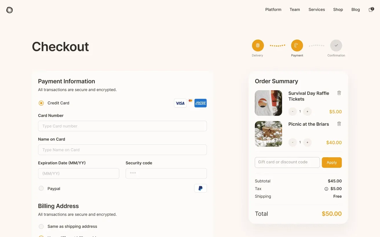 Our Songlines checkout, payment information step