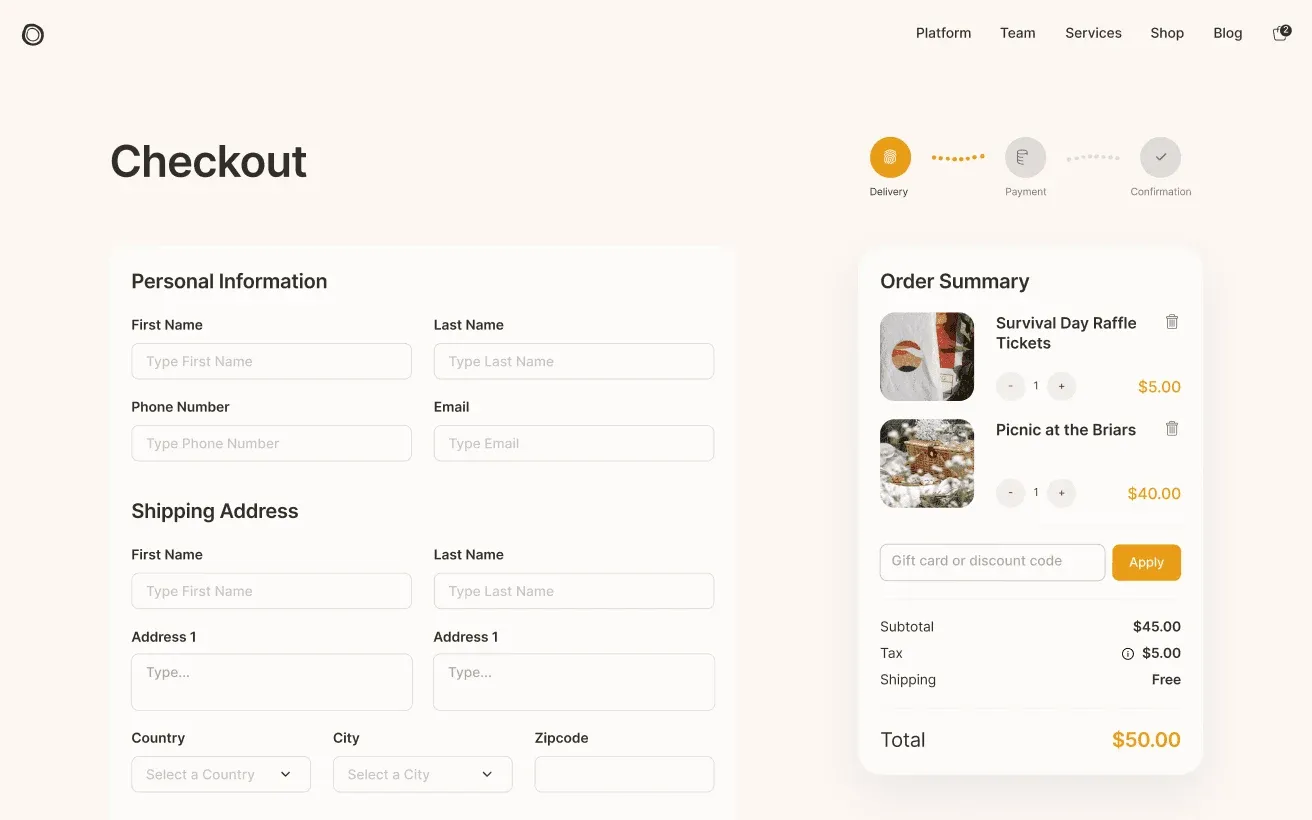 Our Songlines checkout, personal information and shipping address step