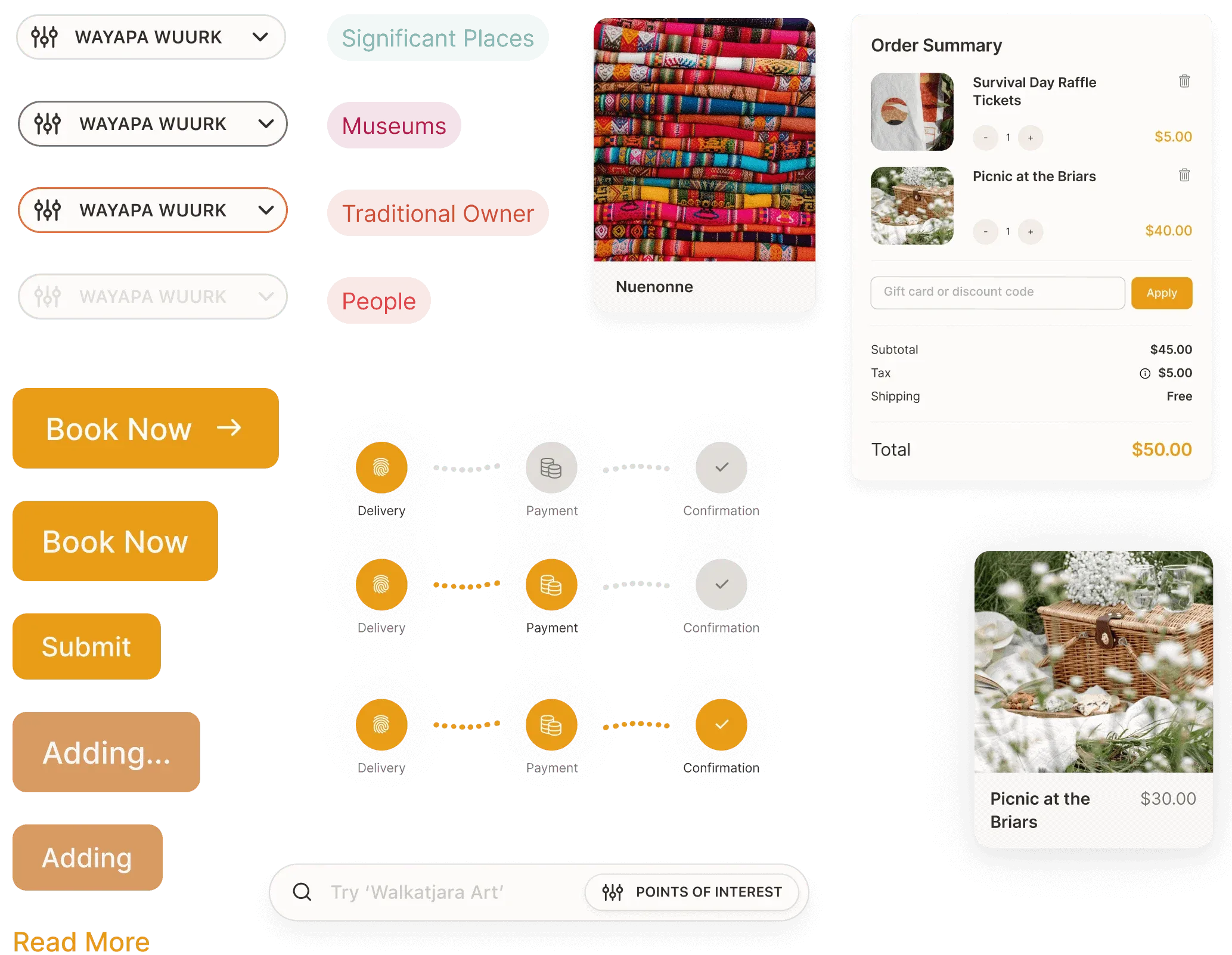 Our Songlines components on mobile: filters, buttons, checkout steps, an order summary and a product card