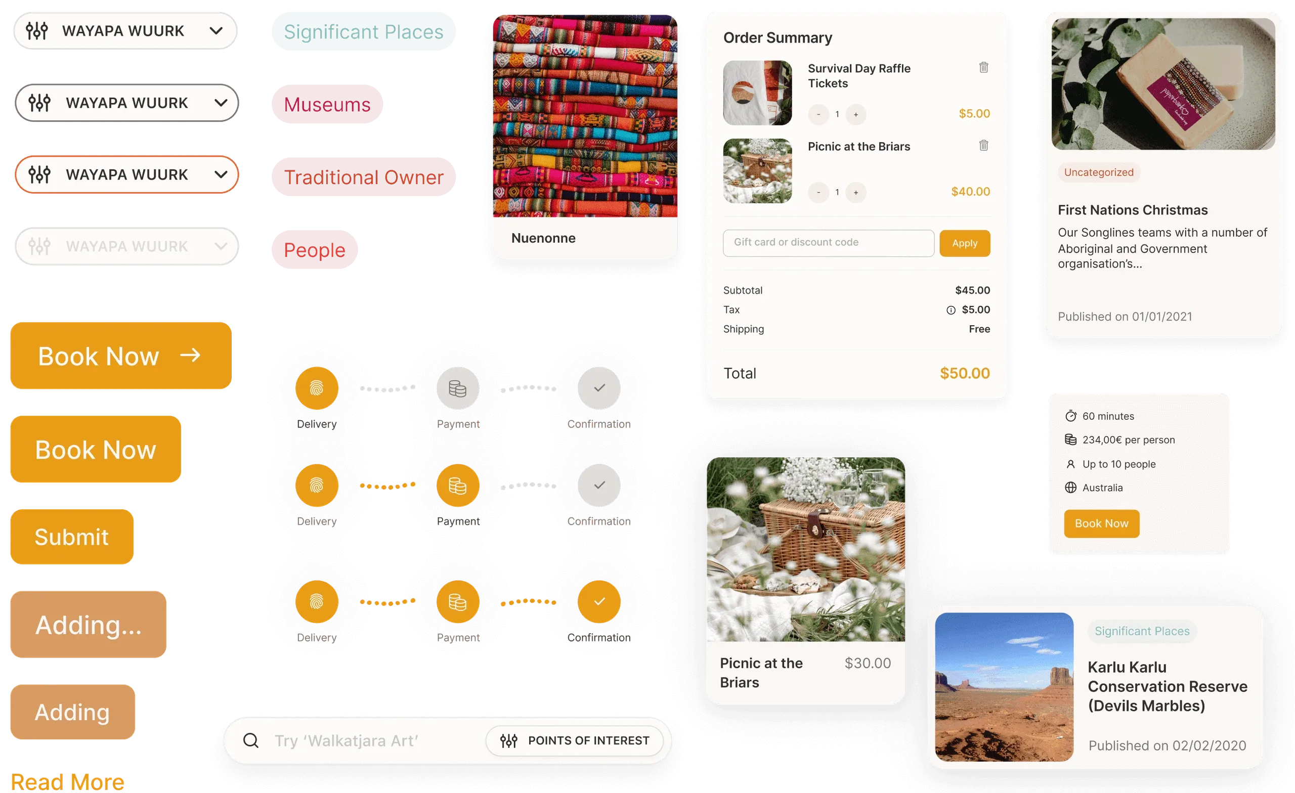 Our Songlines interface components: filters, buttons, checkout steps, an order summary, product and story cards