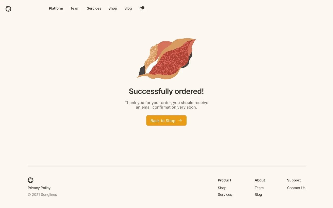 Our Songlines order confirmation, "Successfully ordered!"