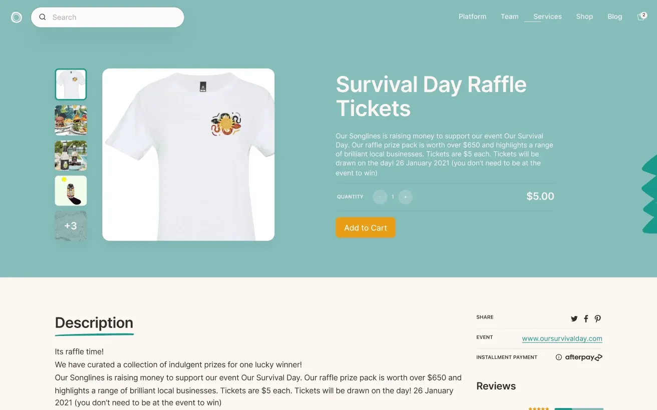 Our Songlines product page for "Survival Day Raffle Tickets"