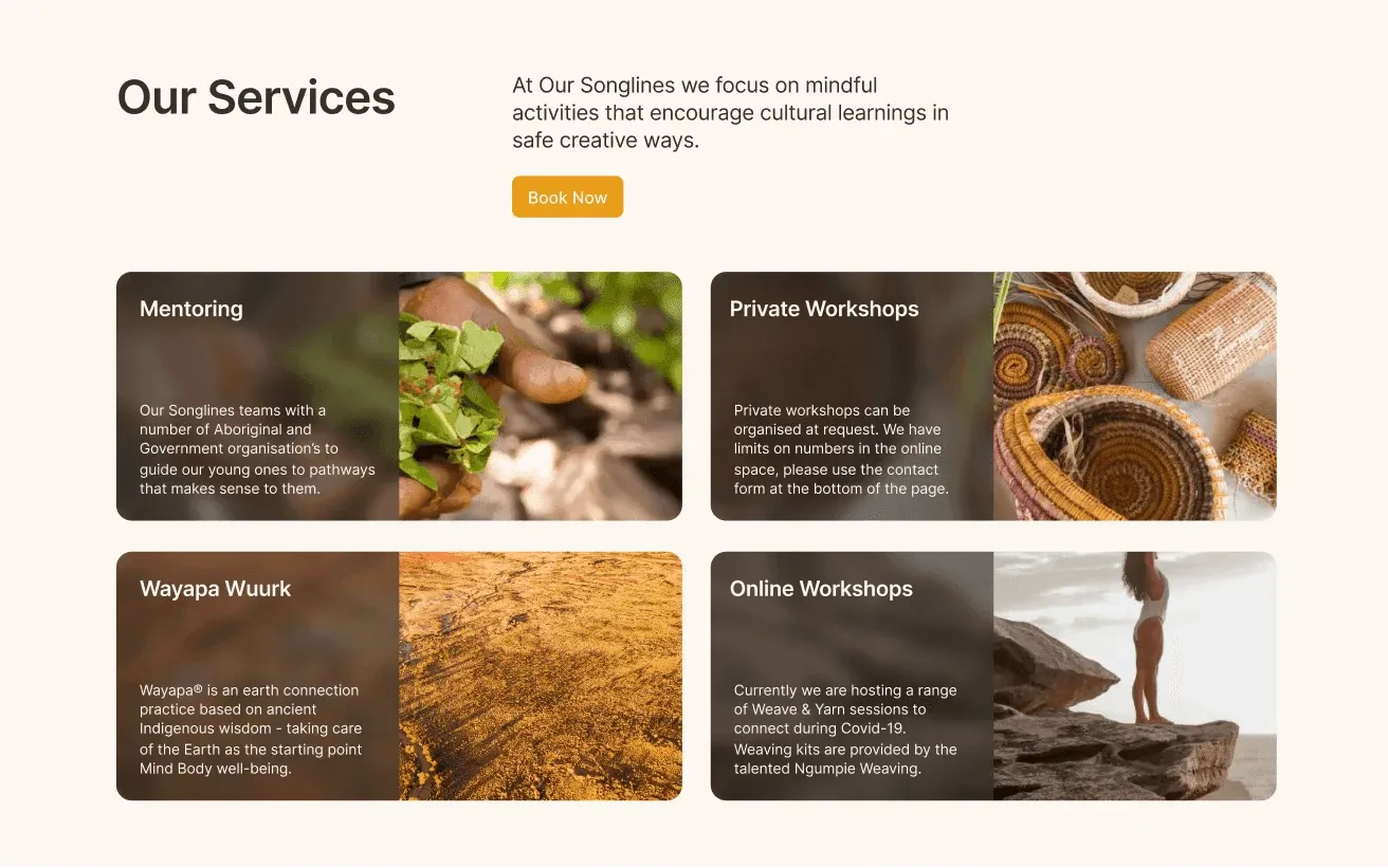 Our Songlines services: Mentoring, Private Workshops, Wayapa Wuurk and Online Workshops