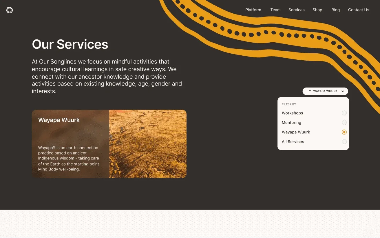 Our Songlines services page with a filter by service