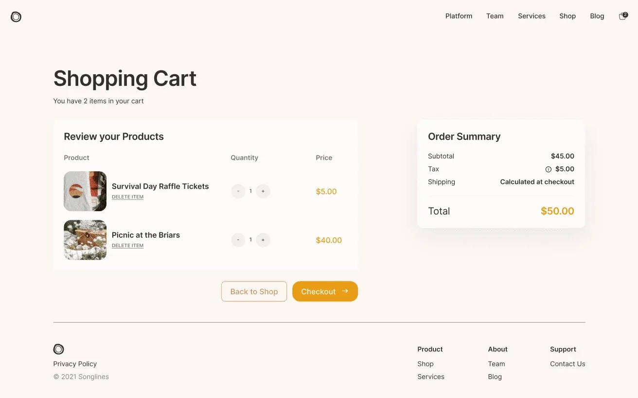Our Songlines shopping cart with two products