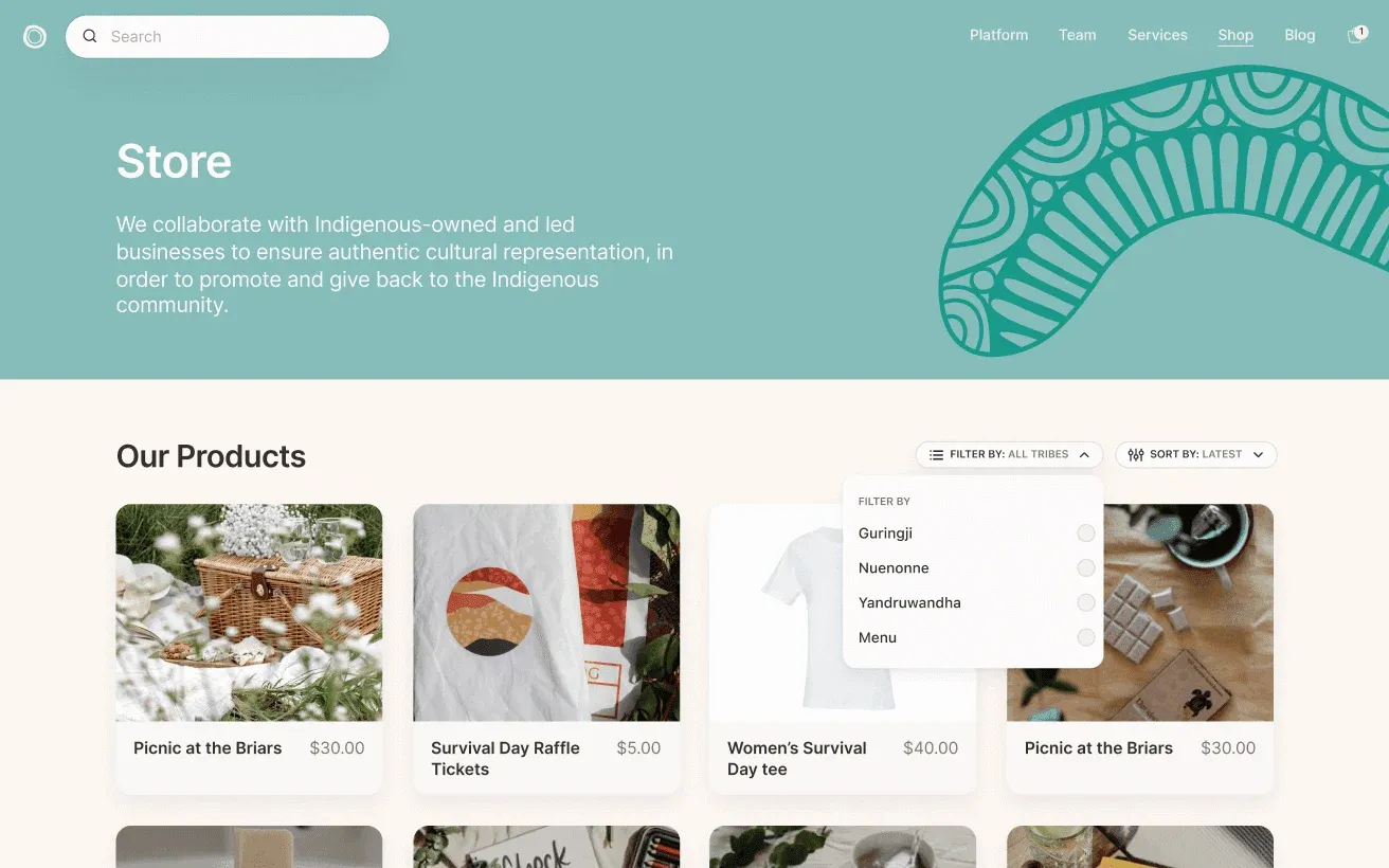 Our Songlines store page with product filters