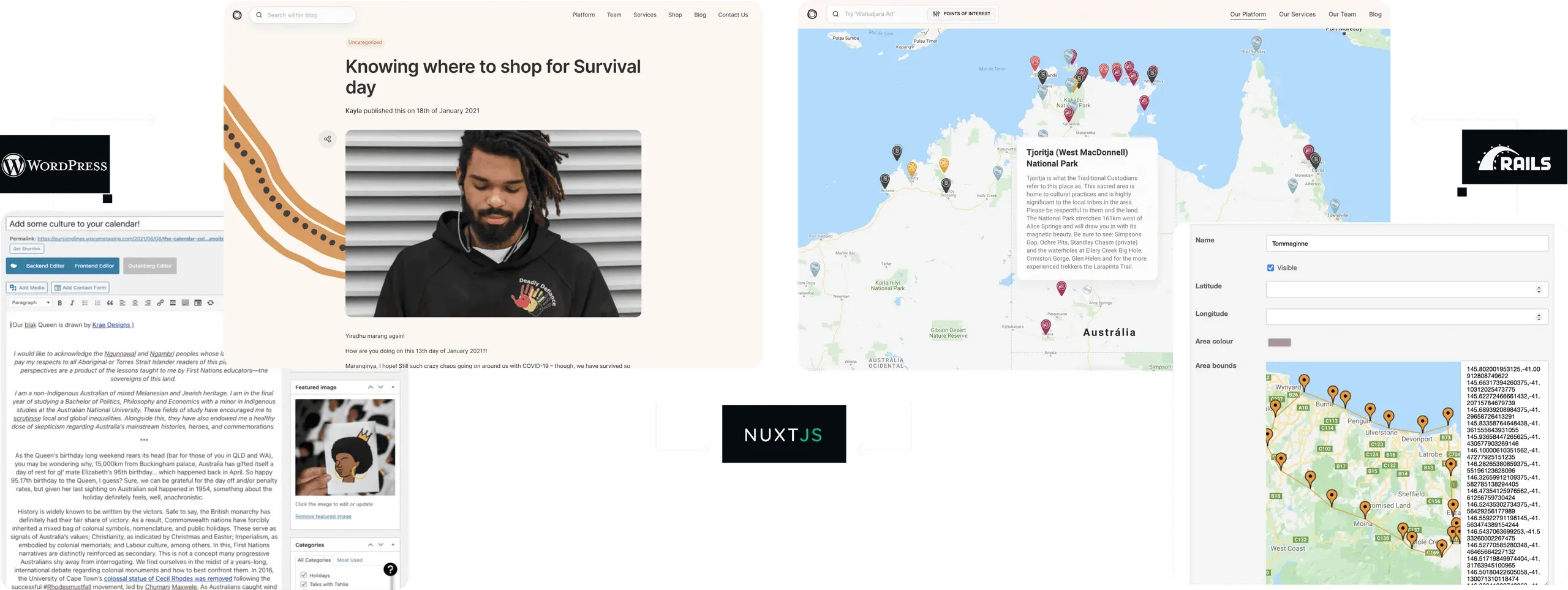 Our Songlines tech stack: WordPress content feeding a Nuxt.js front end and a Rails back end with a map of points of interest