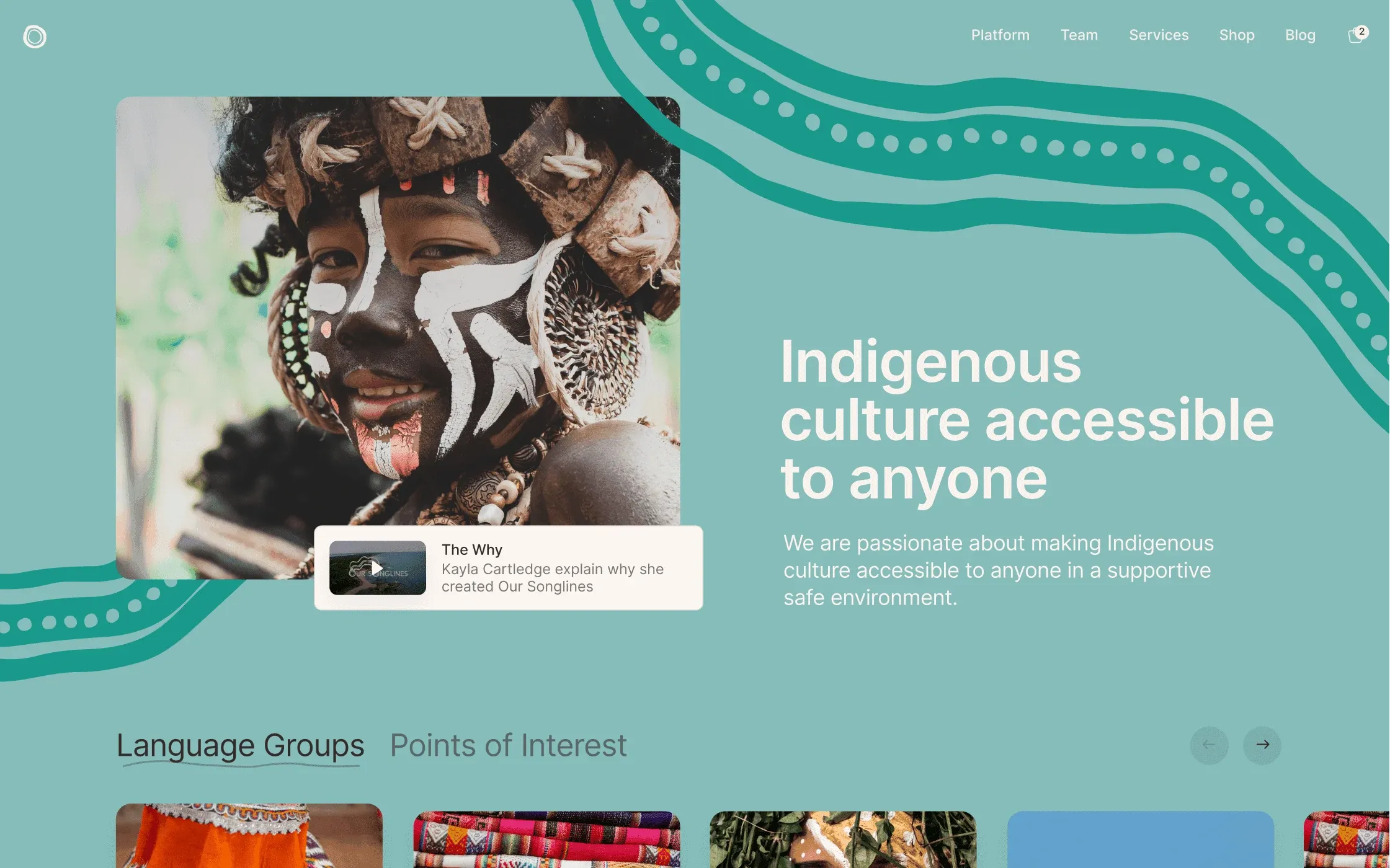 Our Songlines homepage hero, "Indigenous culture accessible to anyone", with a portrait of a person in traditional face paint