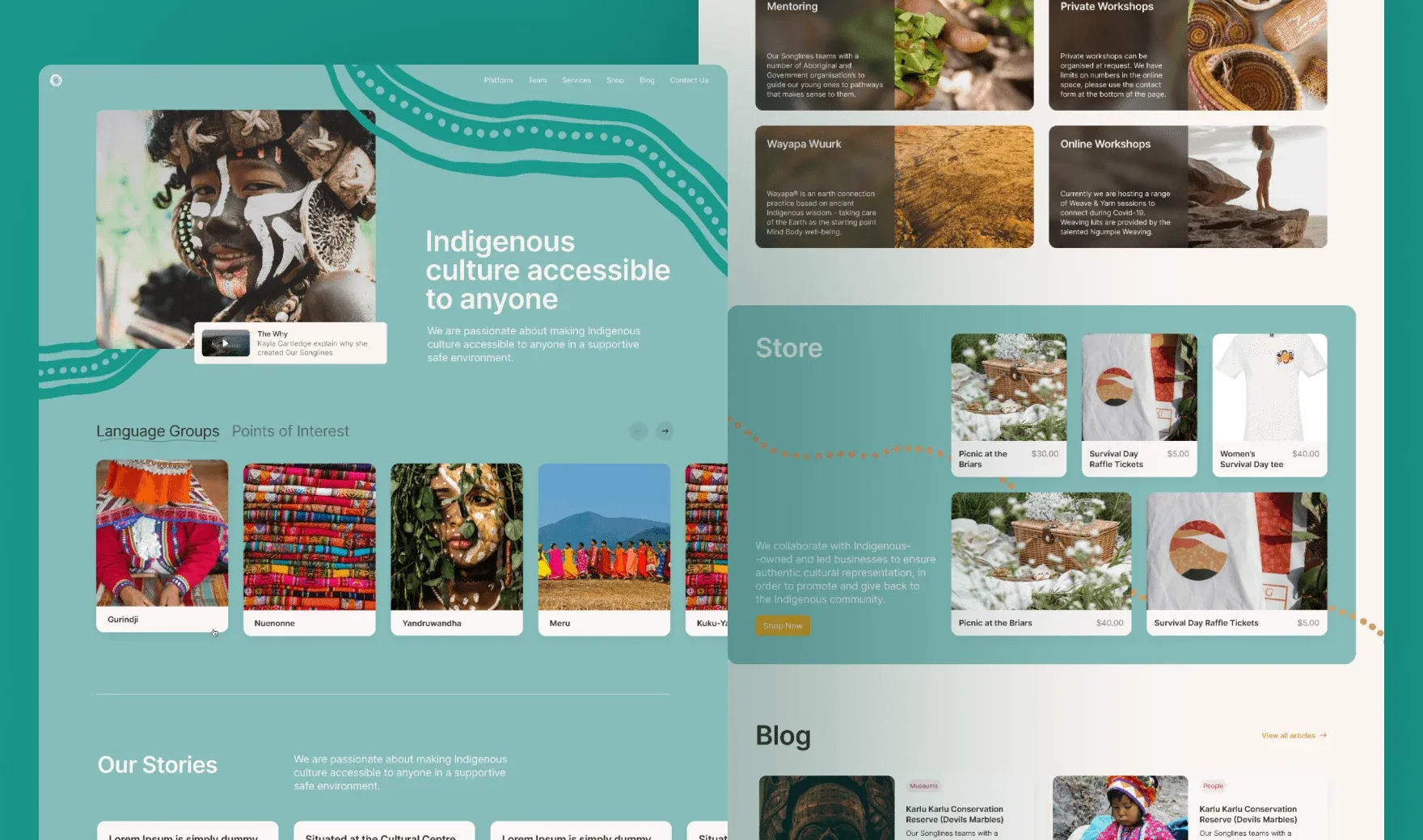 OurSonglines website with vibrant imagery of Indigenous culture, masked figure, textiles, workshops, and store section in an inviting tone.