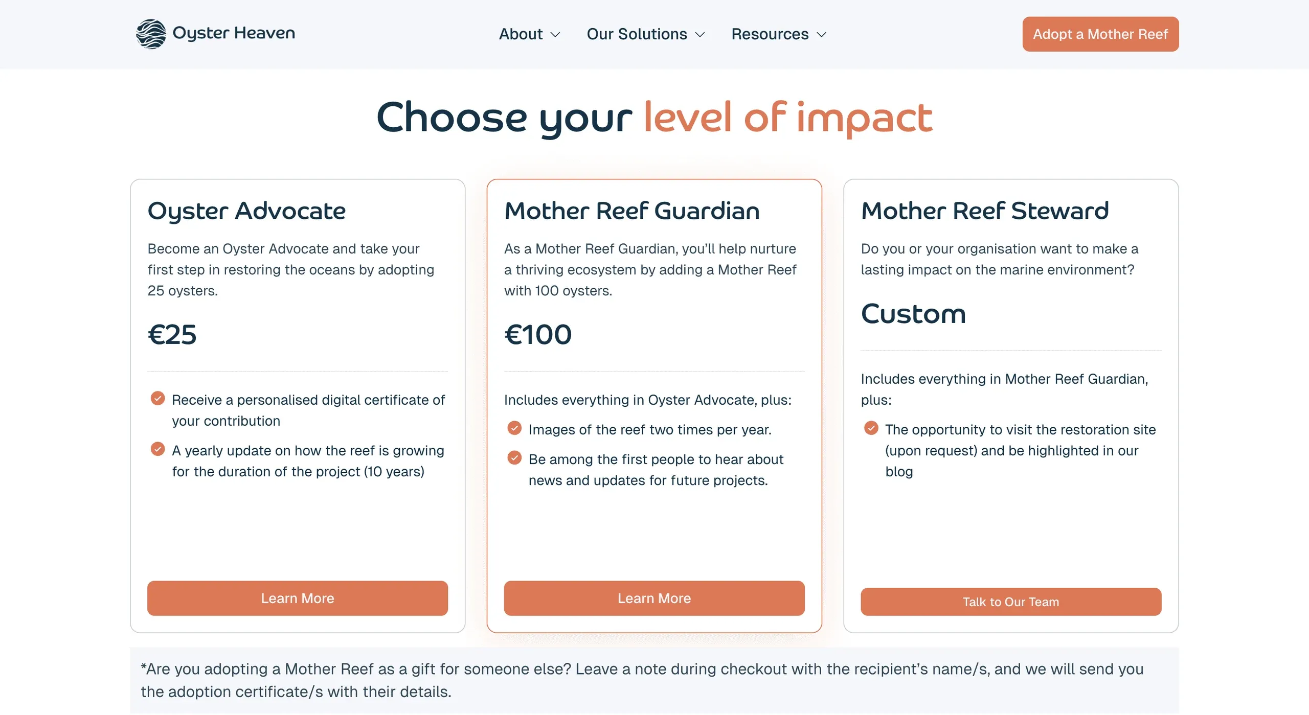 Oyster Heaven adoption plans, "Choose your level of impact"