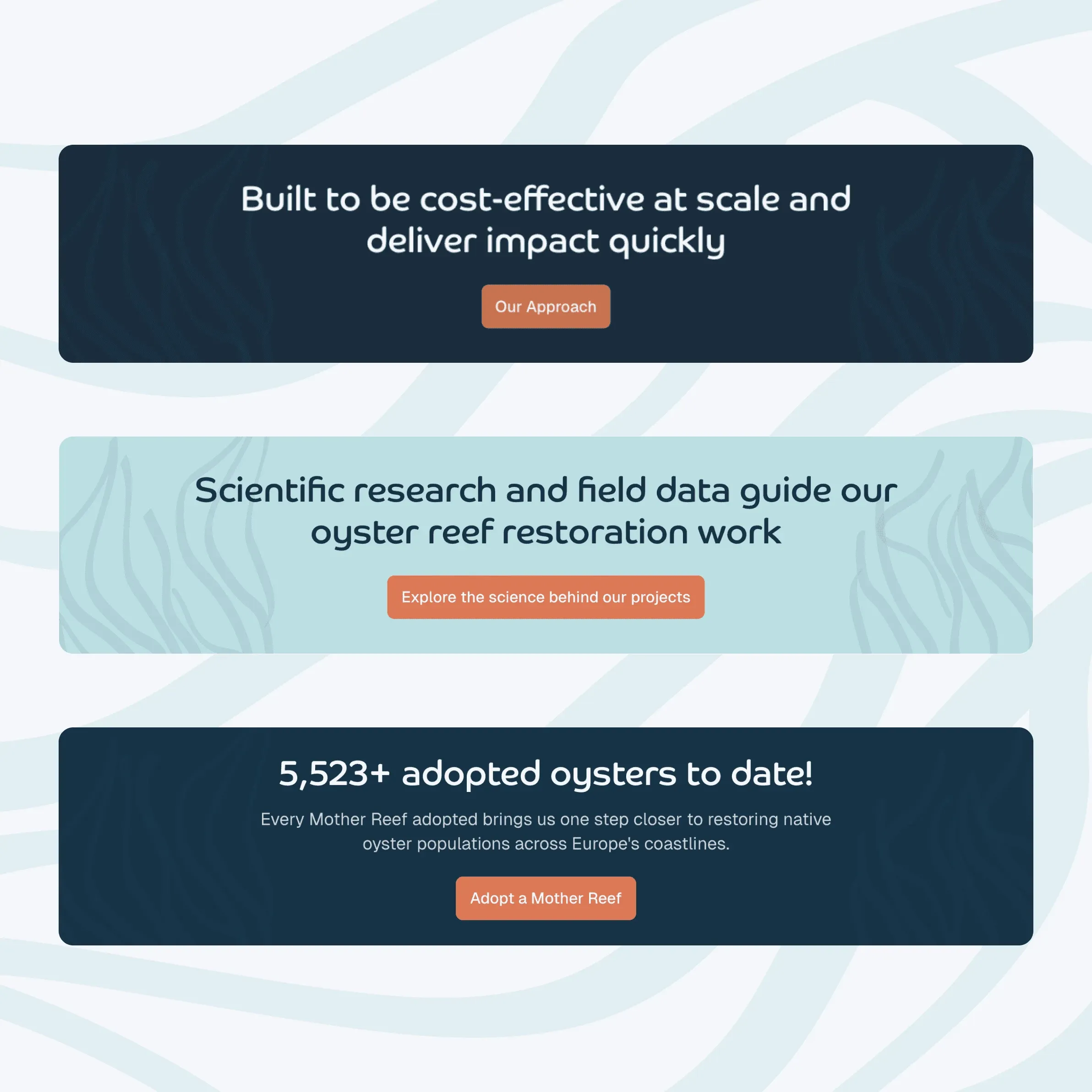 Oyster Heaven call-to-action banners, including "5,523+ adopted oysters to date!"