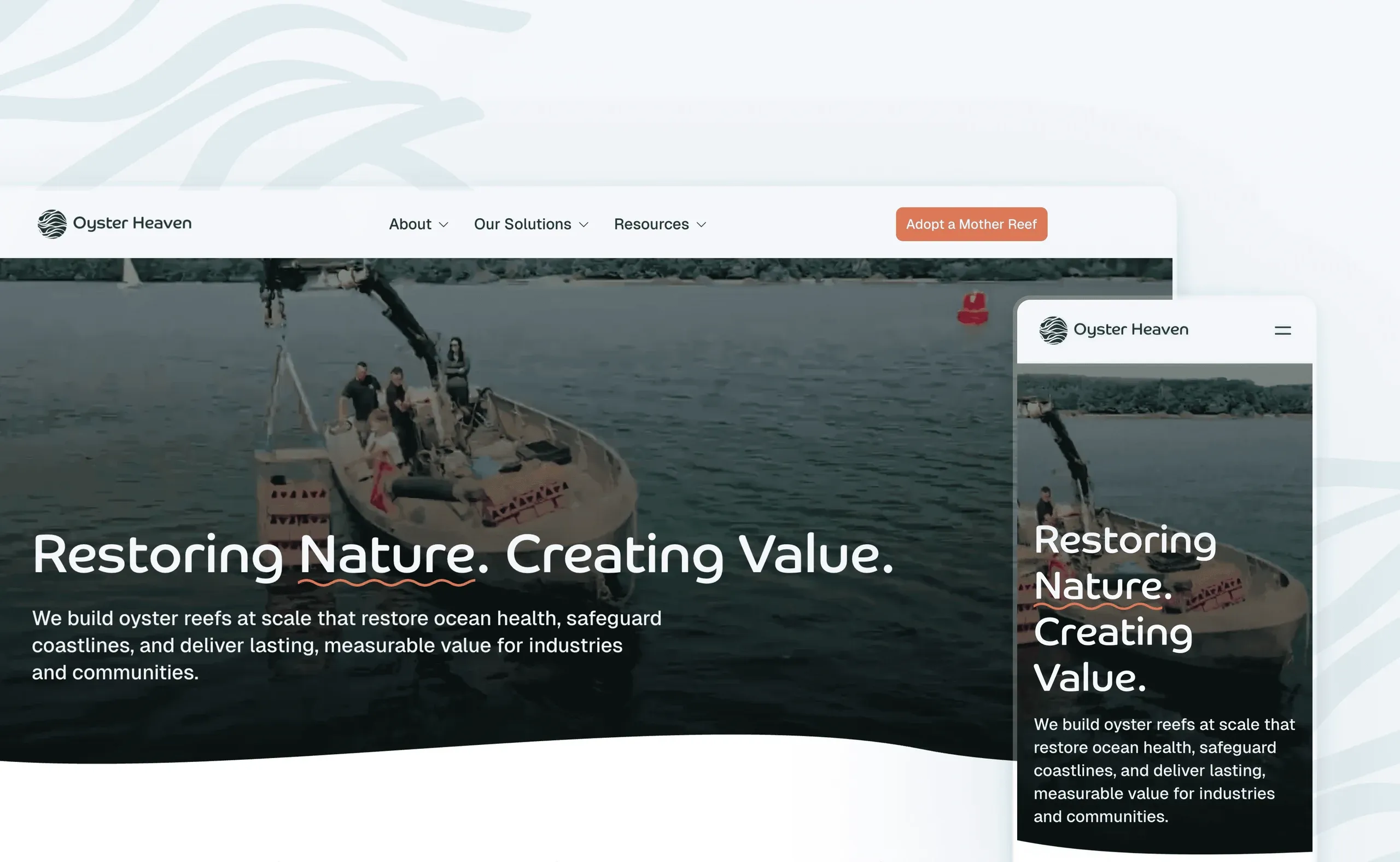 Oyster Heaven homepage hero, "Restoring Nature. Creating Value.", on desktop and mobile