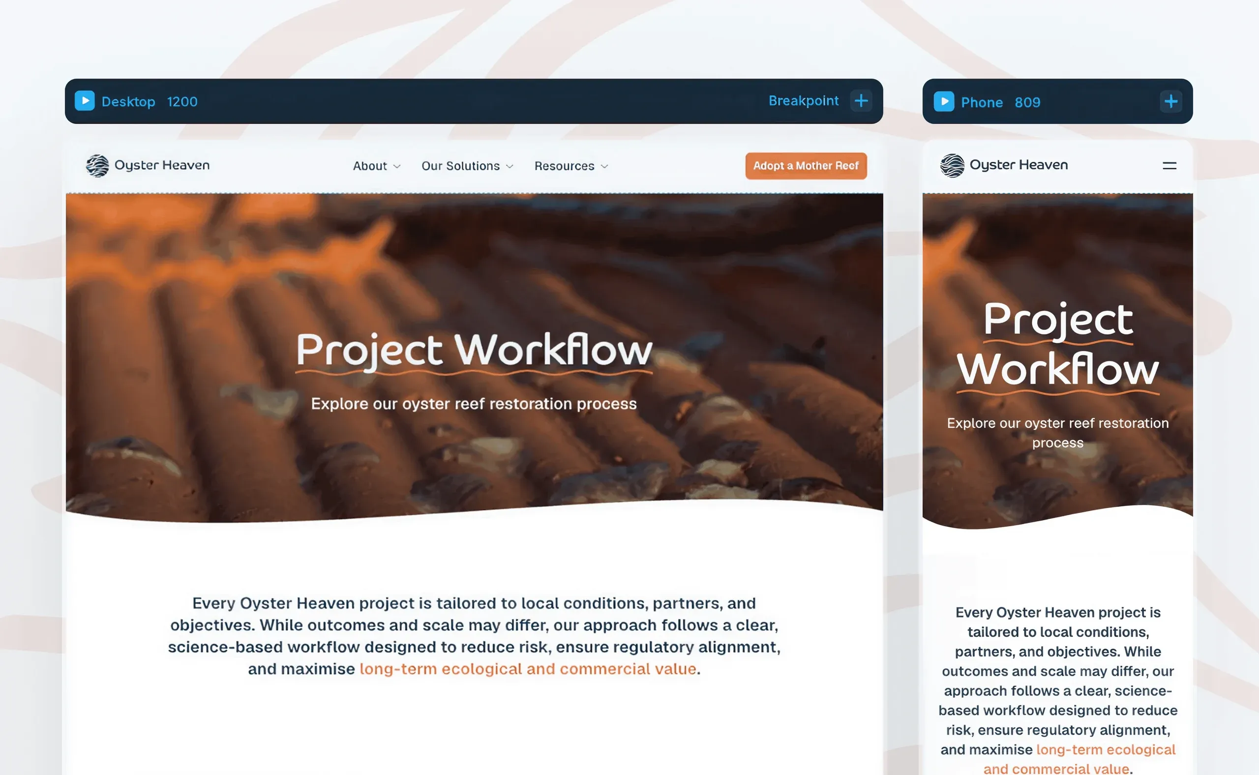 Oyster Heaven "Project Workflow" page in Framer, at desktop and phone breakpoints