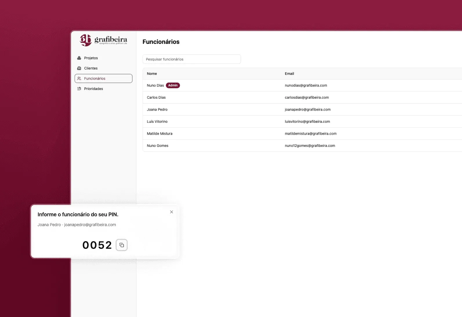 Grafibeira admin panel showing the employees page with names, emails, and admin role badges, with a PIN modal overlaid showing an employee's name, email, and login PIN with a copy button.