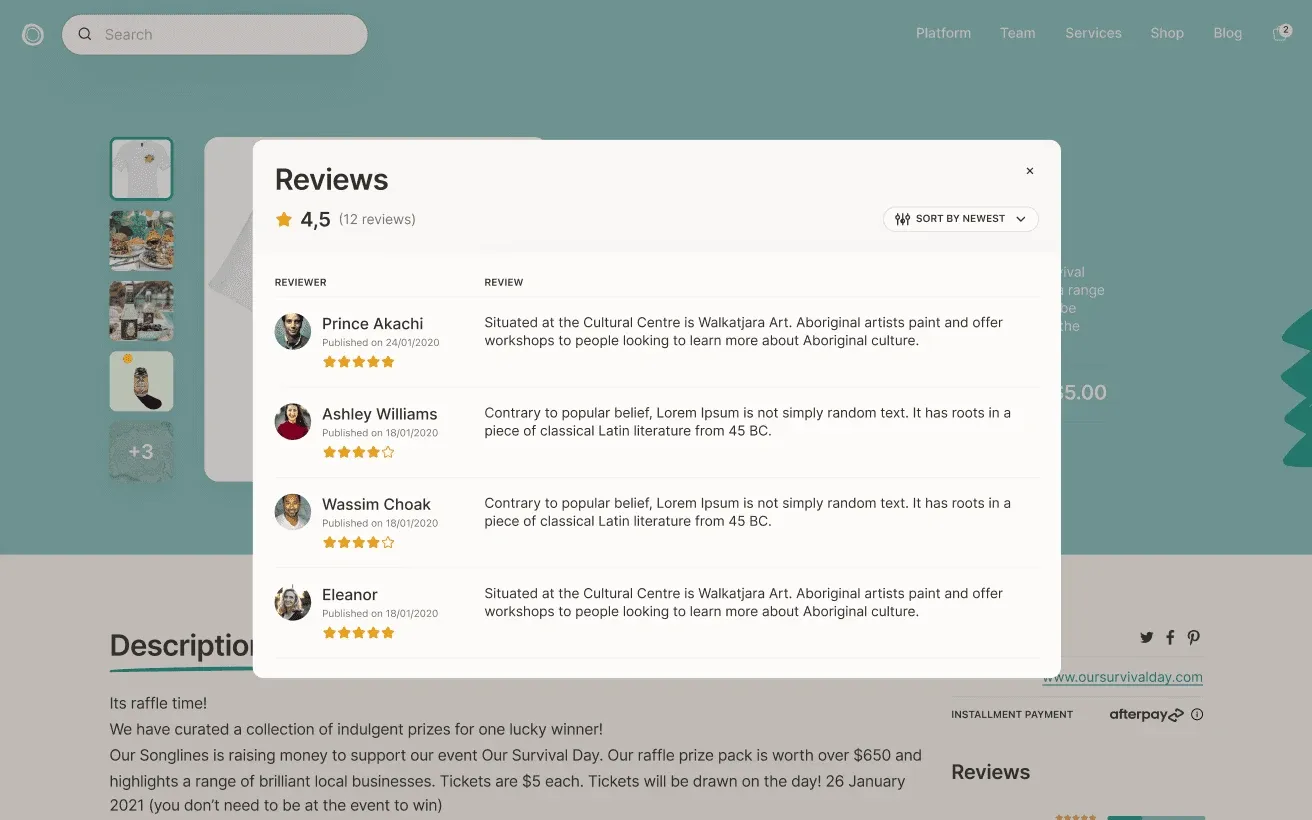 Product reviews panel on the Our Songlines product page