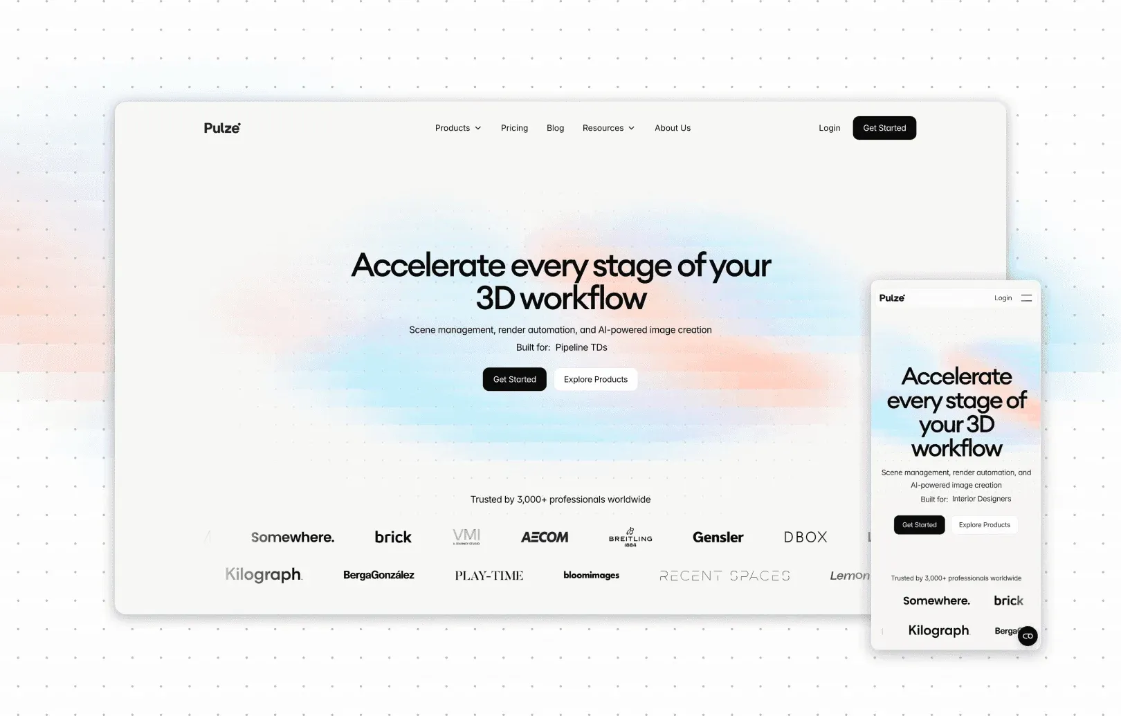 Desktop and mobile mockup of the Pulze homepage on a light background with soft pastel gradient blobs, headline "Accelerate every stage of your 3D workflow", a description mentioning scene management, render automation, and AI-powered image creation, "Get Started" and "Explore Products" buttons, and a row of client logos including Kilograph, AECOM, and Gensler.