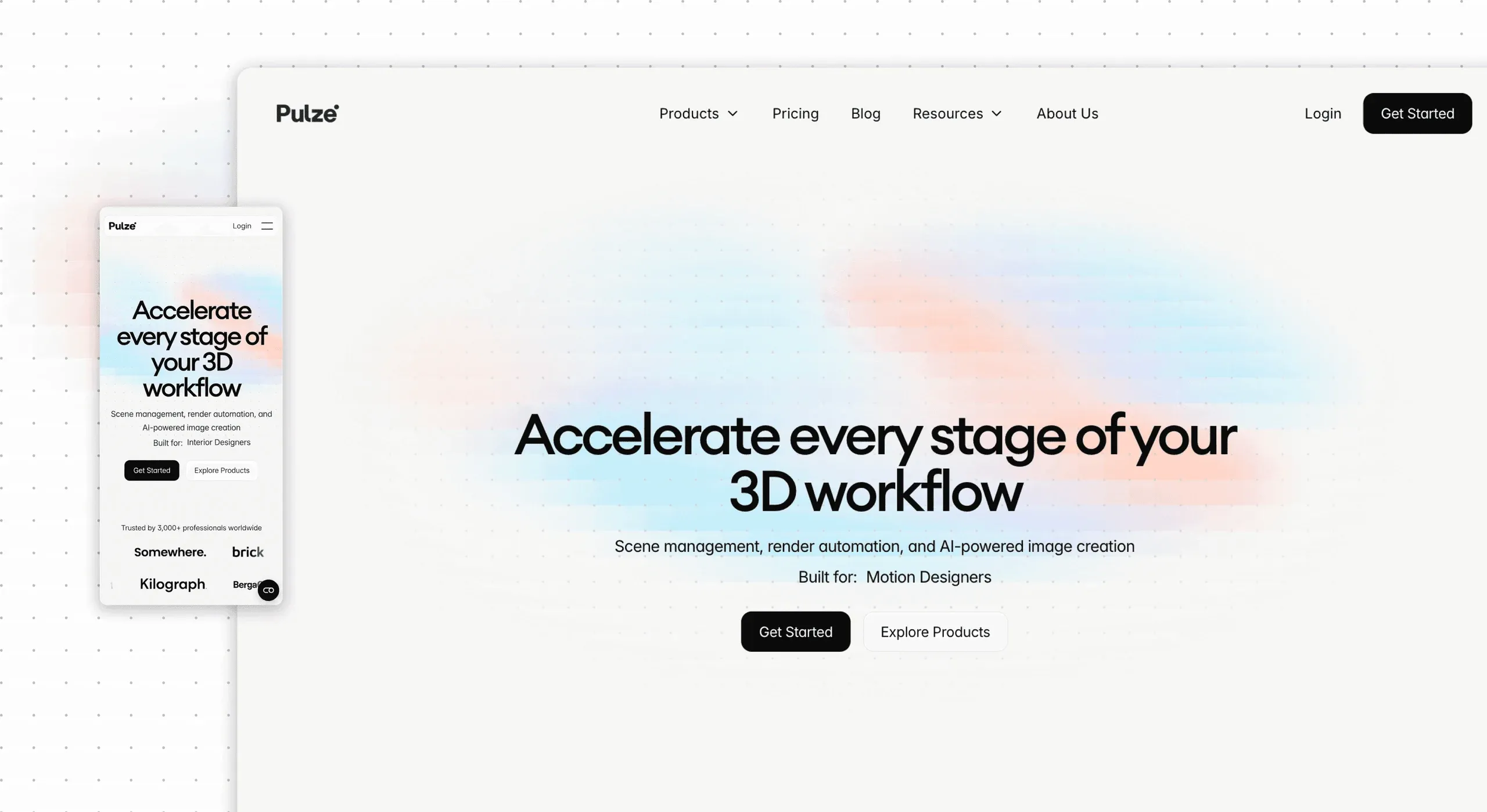 Desktop and mobile mockup of the Pulze homepage on a light background with soft pastel gradient blobs, headline "Accelerate every stage of your 3D workflow", a description mentioning scene management, render automation, and AI-powered image creation for motion designers, "Get Started" and "Explore Products" buttons.