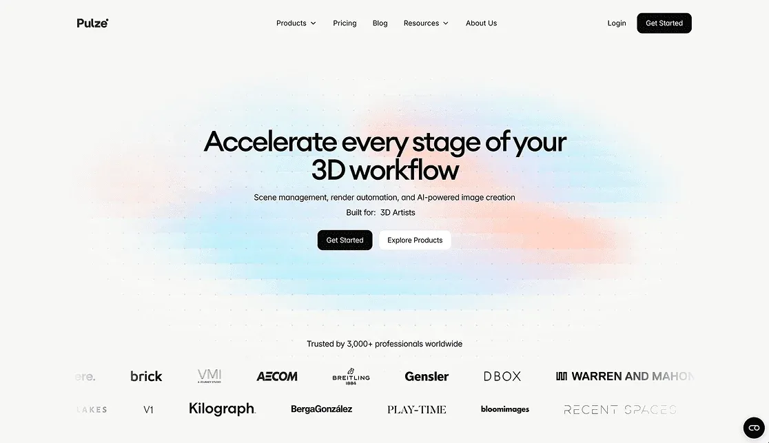 Pulze website homepage with the hero heading "Accelerate every stage of your 3D workflow," and a logo bar of client companies below.